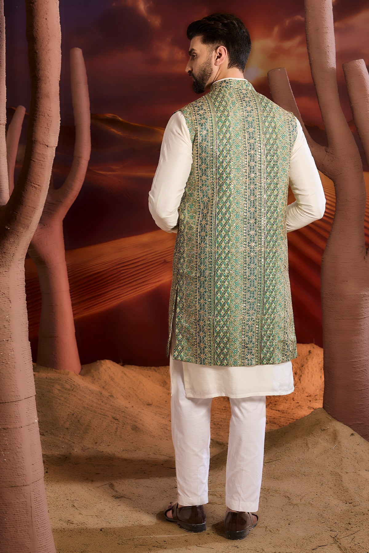 Bottle Green Sequined Long Open Jacket With Intricate Zari Work