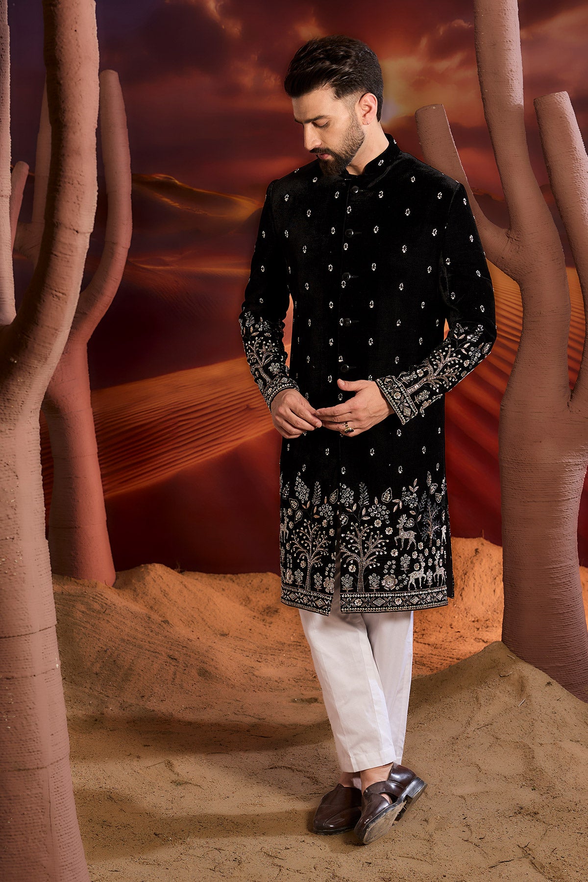 Black Velvet Sherwani With Detailed Hand Embroidered Figures