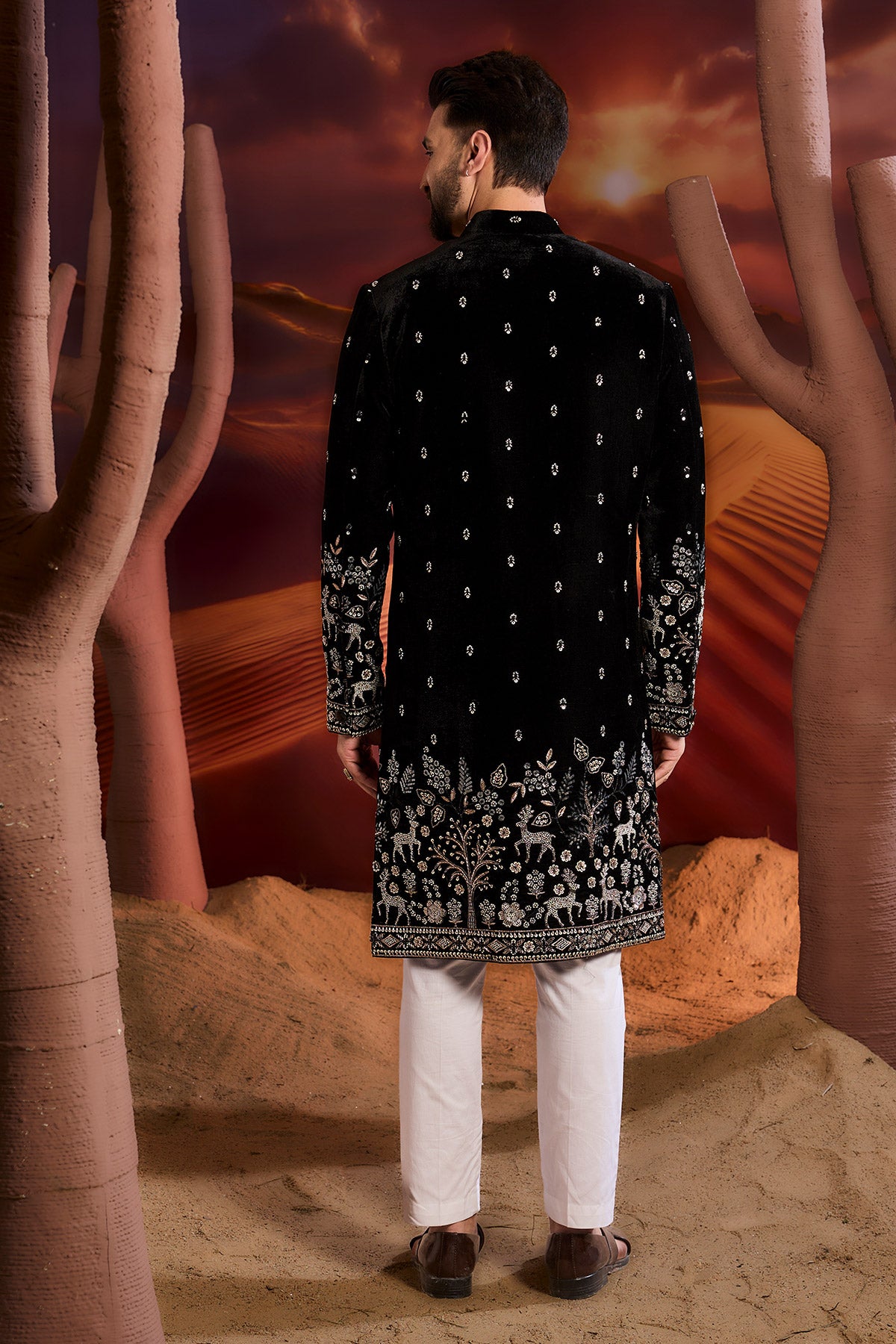 Black Velvet Sherwani With Detailed Hand Embroidered Figures