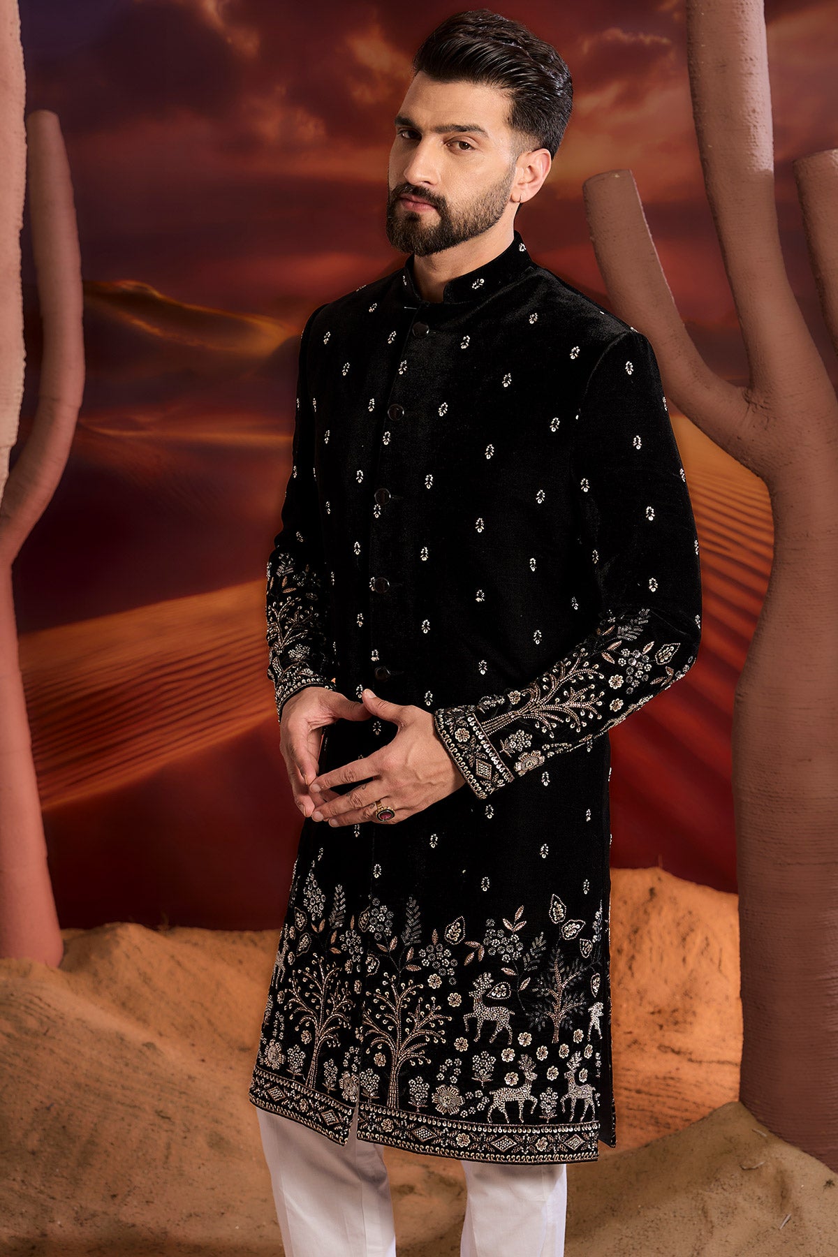 Black Velvet Sherwani With Detailed Hand Embroidered Figures