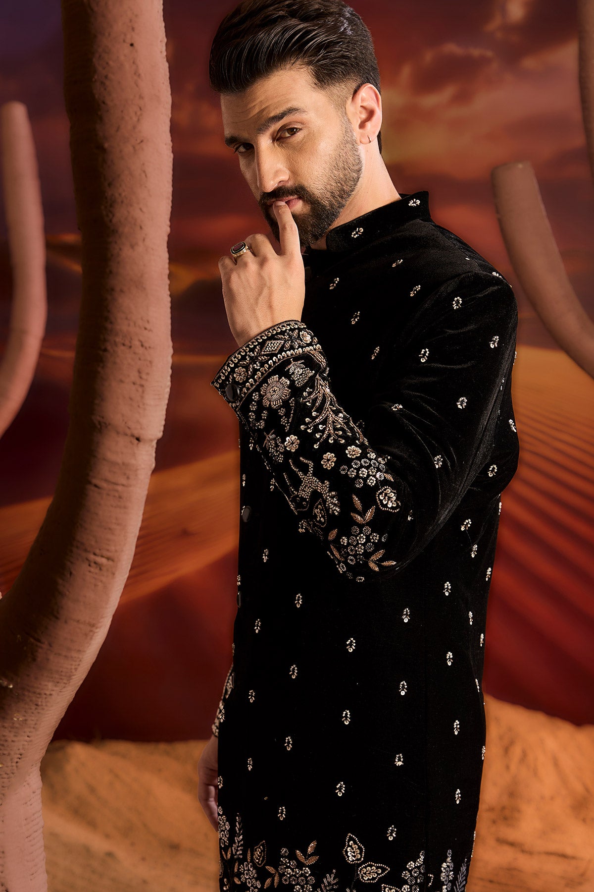 Black Velvet Sherwani With Detailed Hand Embroidered Figures