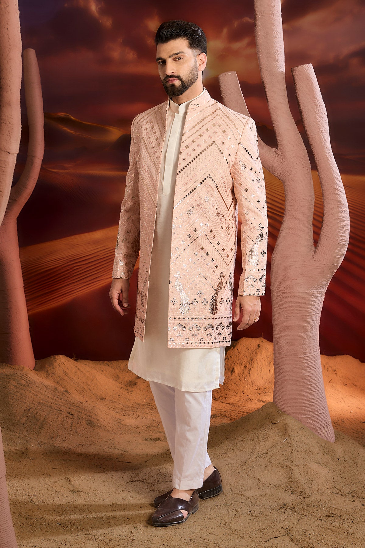 Pink Leather Patchwork Open Indowestern With Inricate Flora And Fauna