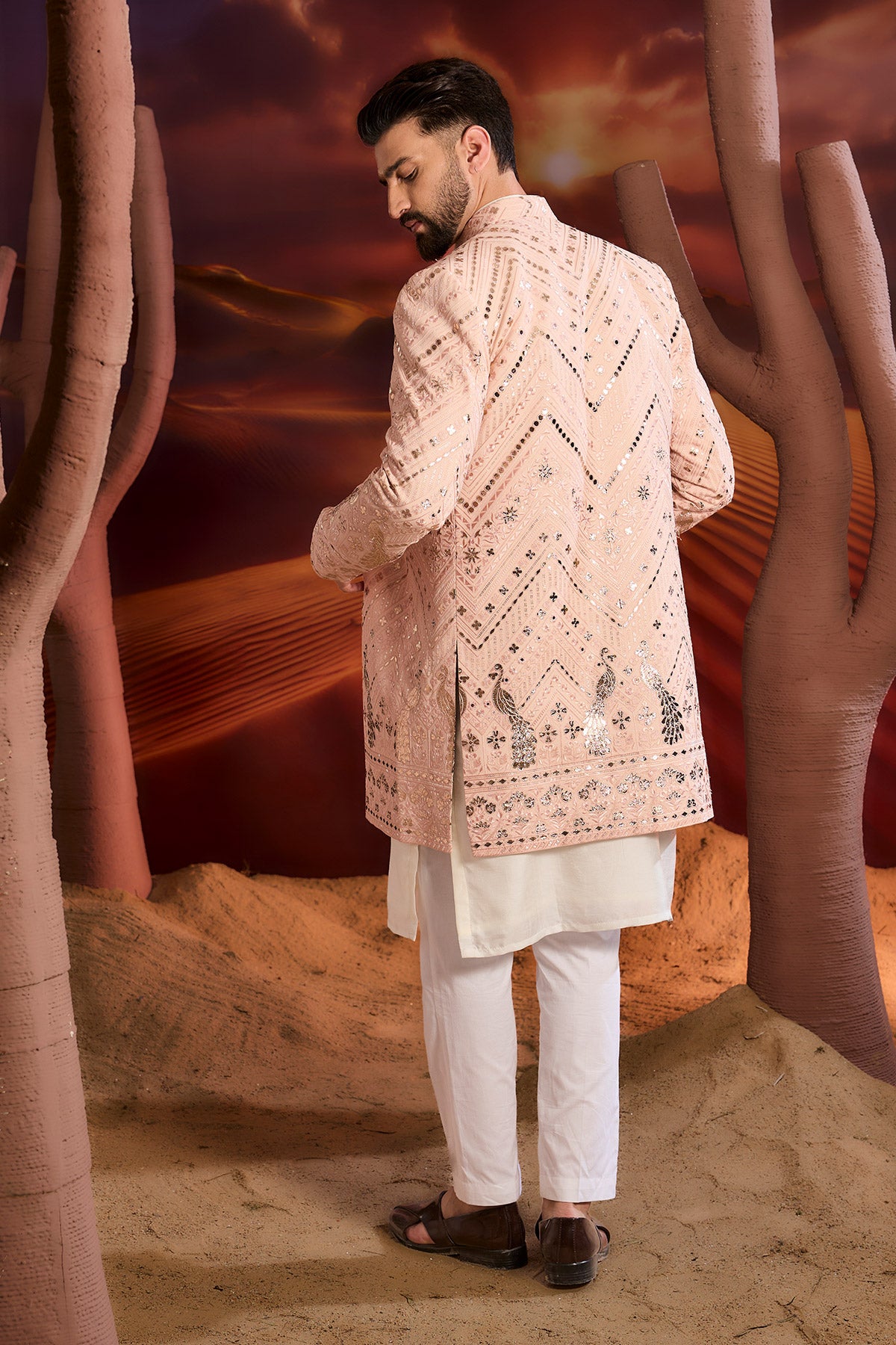 Pink Leather Patchwork Open Indowestern With Inricate Flora And Fauna