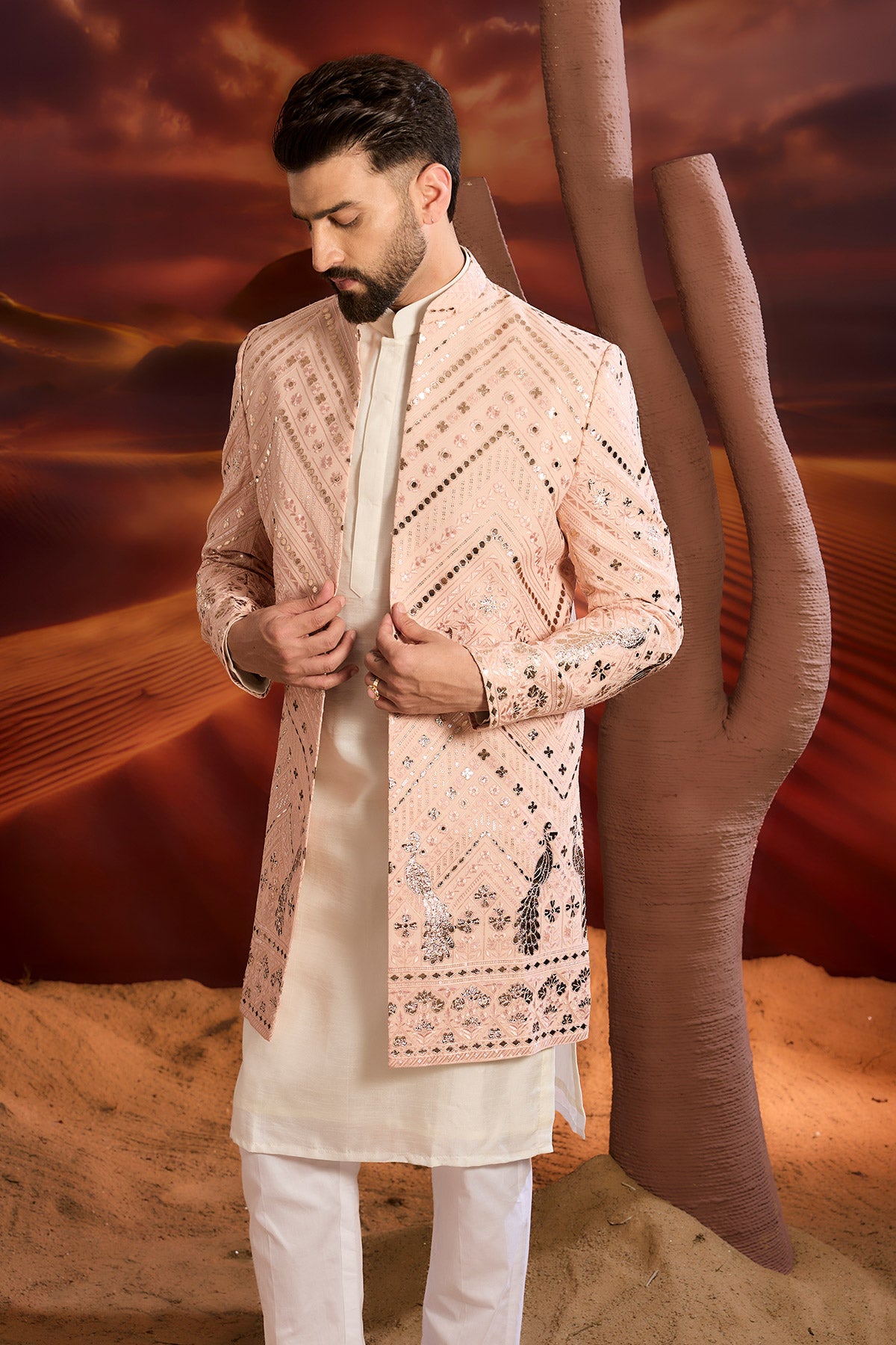 Pink Leather Patchwork Open Indowestern With Inricate Flora And Fauna