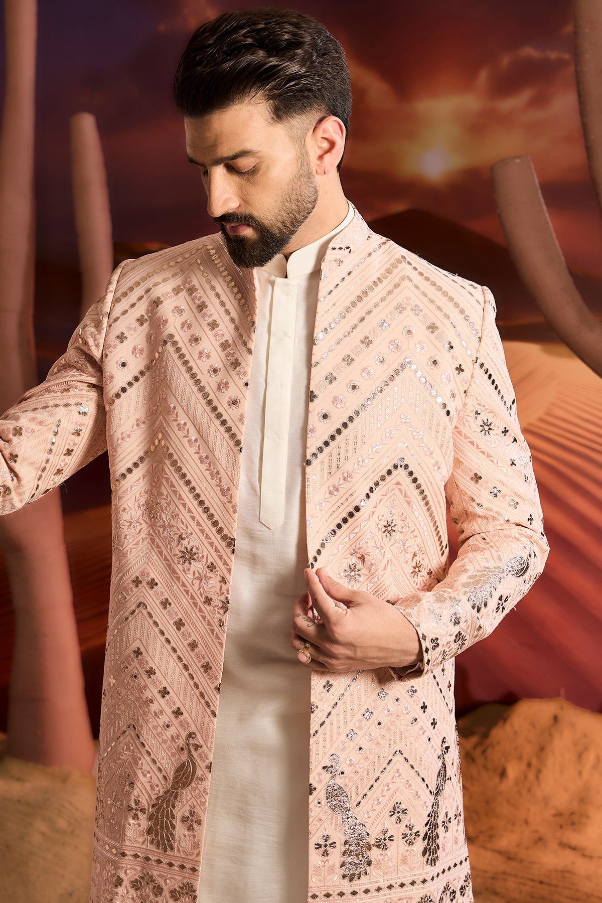Pink Leather Patchwork Open Indowestern With Inricate Flora And Fauna