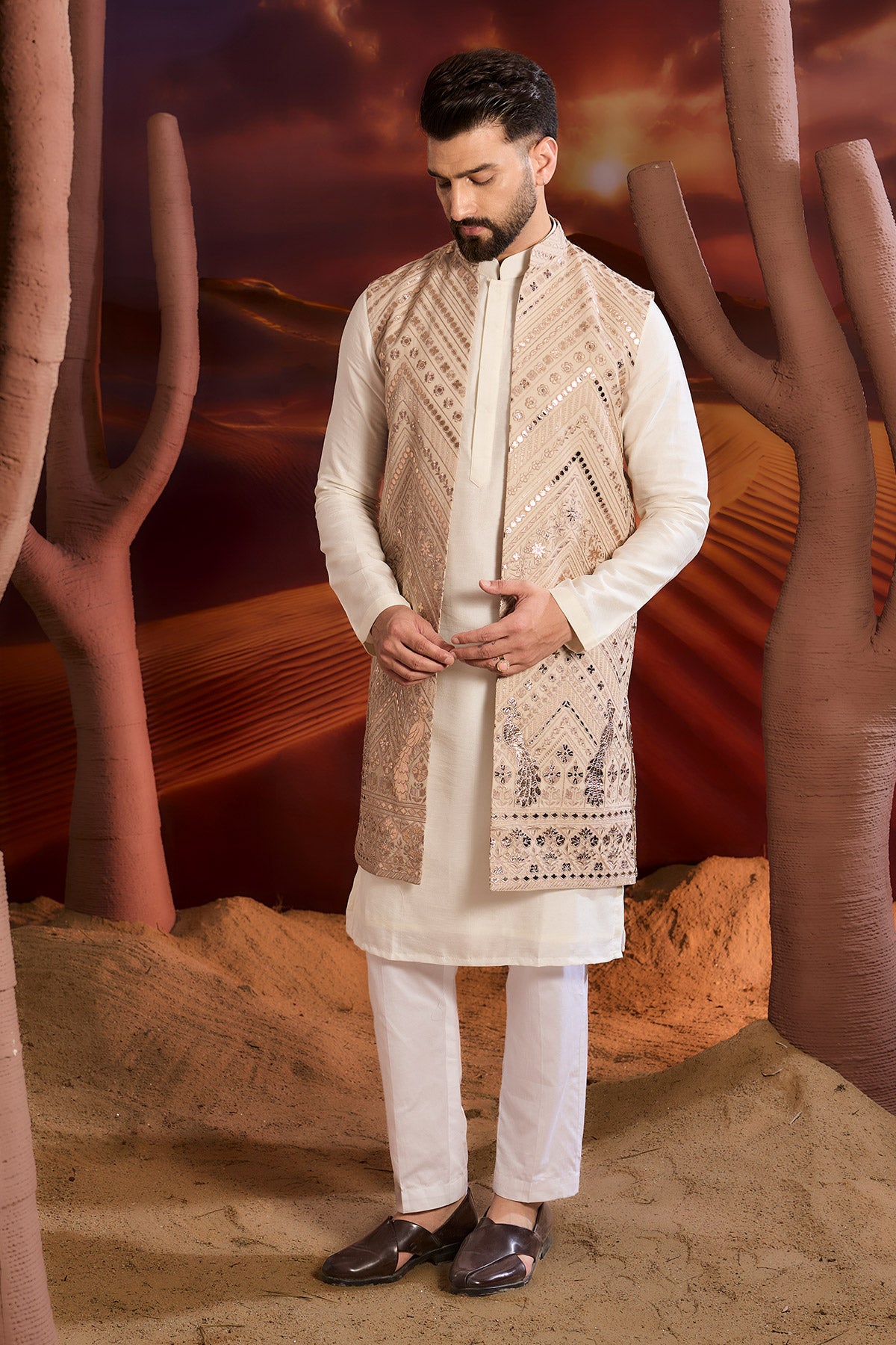 Beige Leather Patchwork Open Jacket With Intricate Flora And Fauna Figures