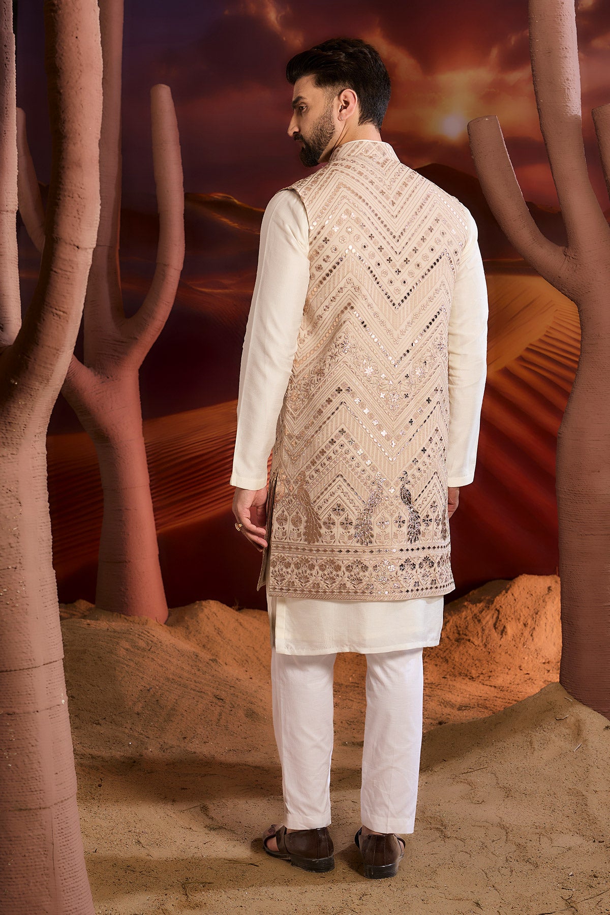 Beige Leather Patchwork Open Jacket With Intricate Flora And Fauna Figures