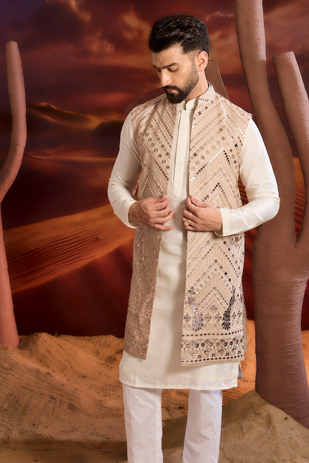 Beige Leather Patchwork Open Jacket With Intricate Flora And Fauna Figures