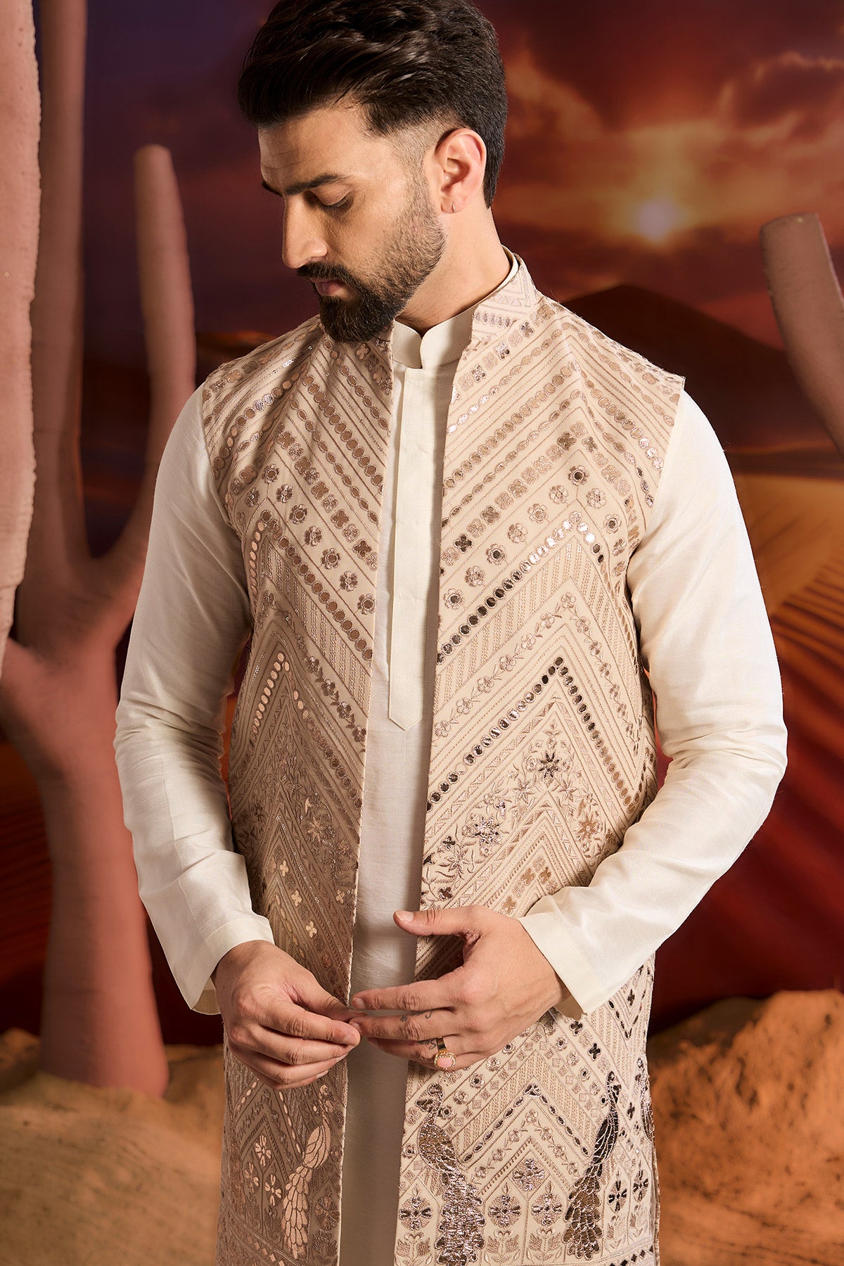 Beige Leather Patchwork Open Jacket With Intricate Flora And Fauna Figures