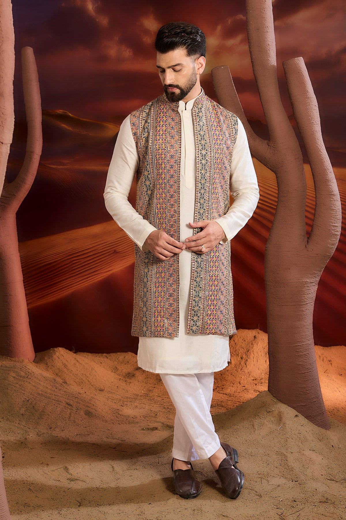 Multi Coloured Long Open Shrug With Heavy Zari Detailing