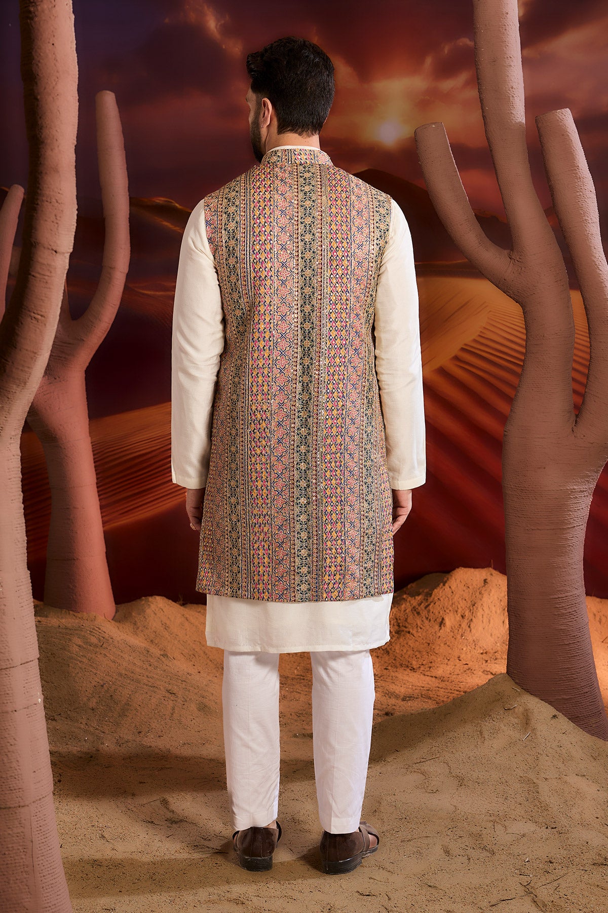 Multi Coloured Long Open Shrug With Heavy Zari Detailing