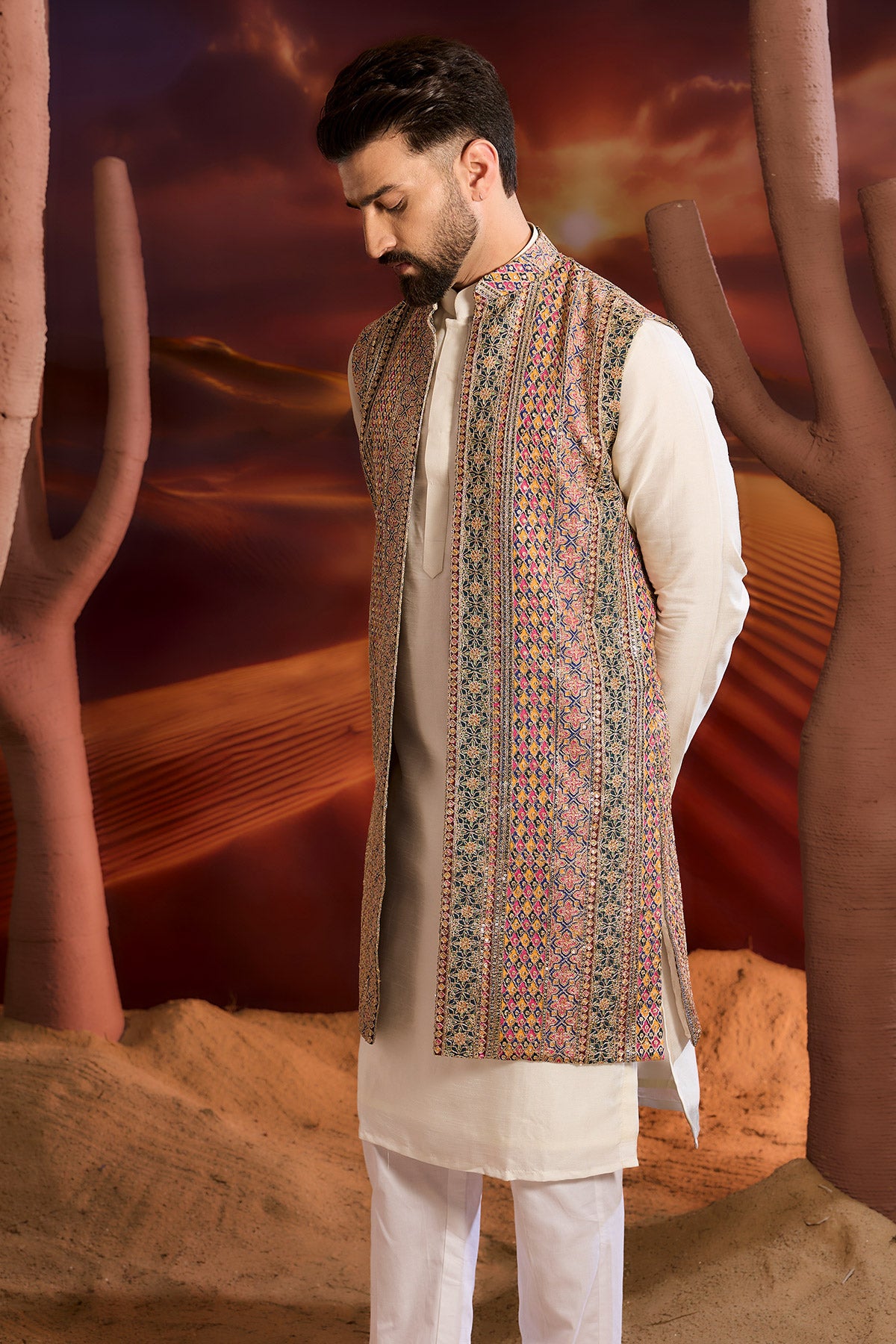 Multi Coloured Long Open Shrug With Heavy Zari Detailing
