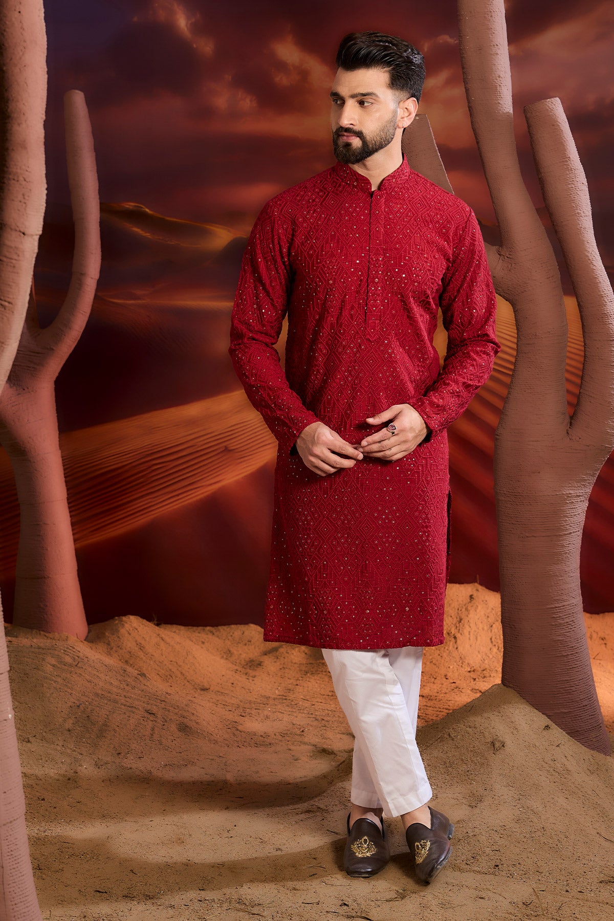 Red Geomtrical Kueta With Sequin Detailing