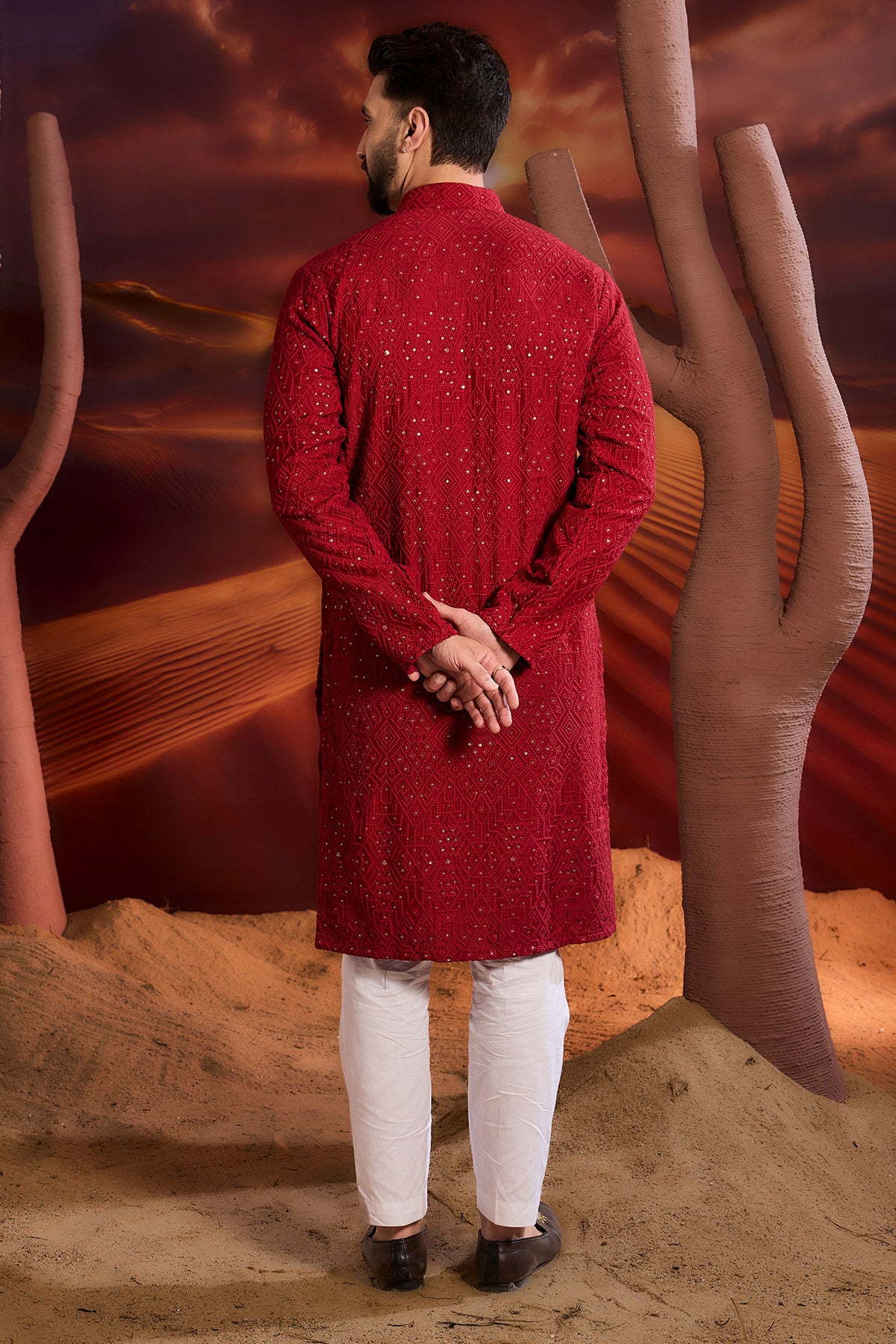 Red Geomtrical Kueta With Sequin Detailing