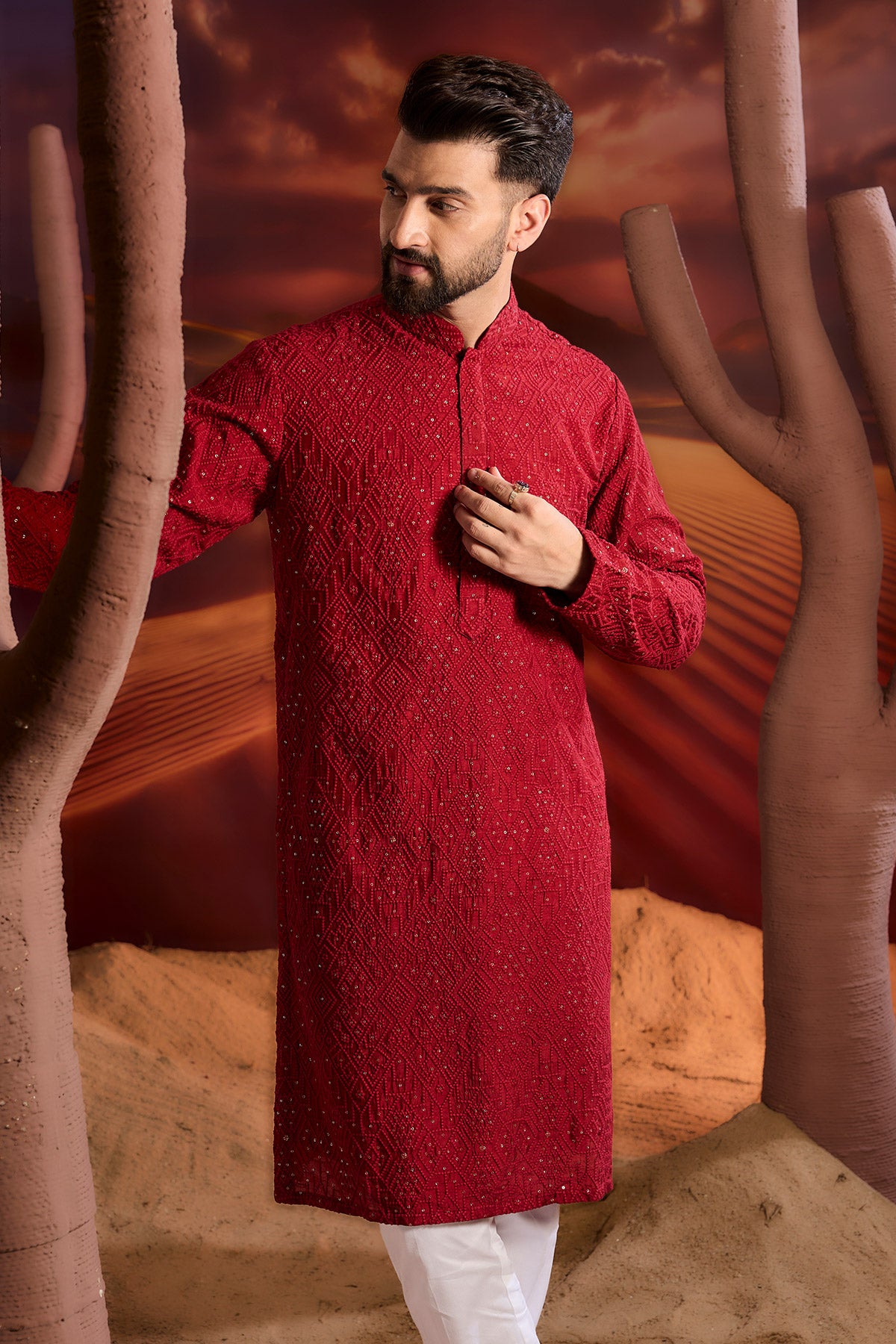 Red Geomtrical Kueta With Sequin Detailing