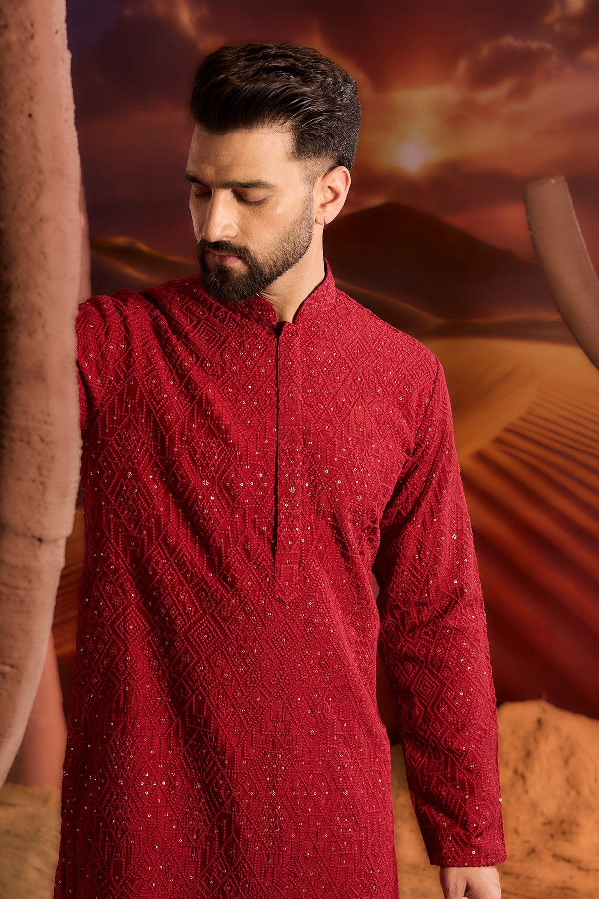 Red Geomtrical Kueta With Sequin Detailing