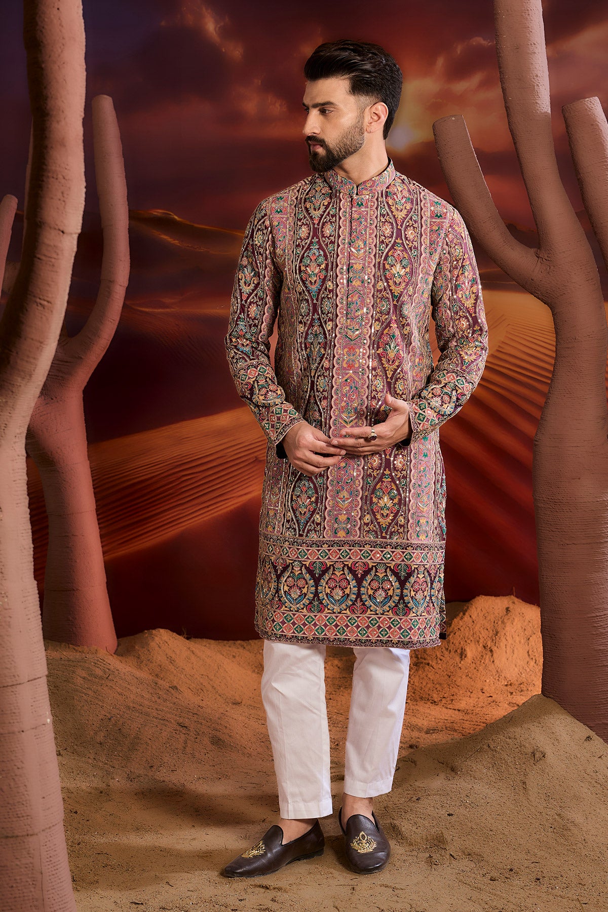Purple Floral Kurta With Intricate Multi Thread And Zari Work