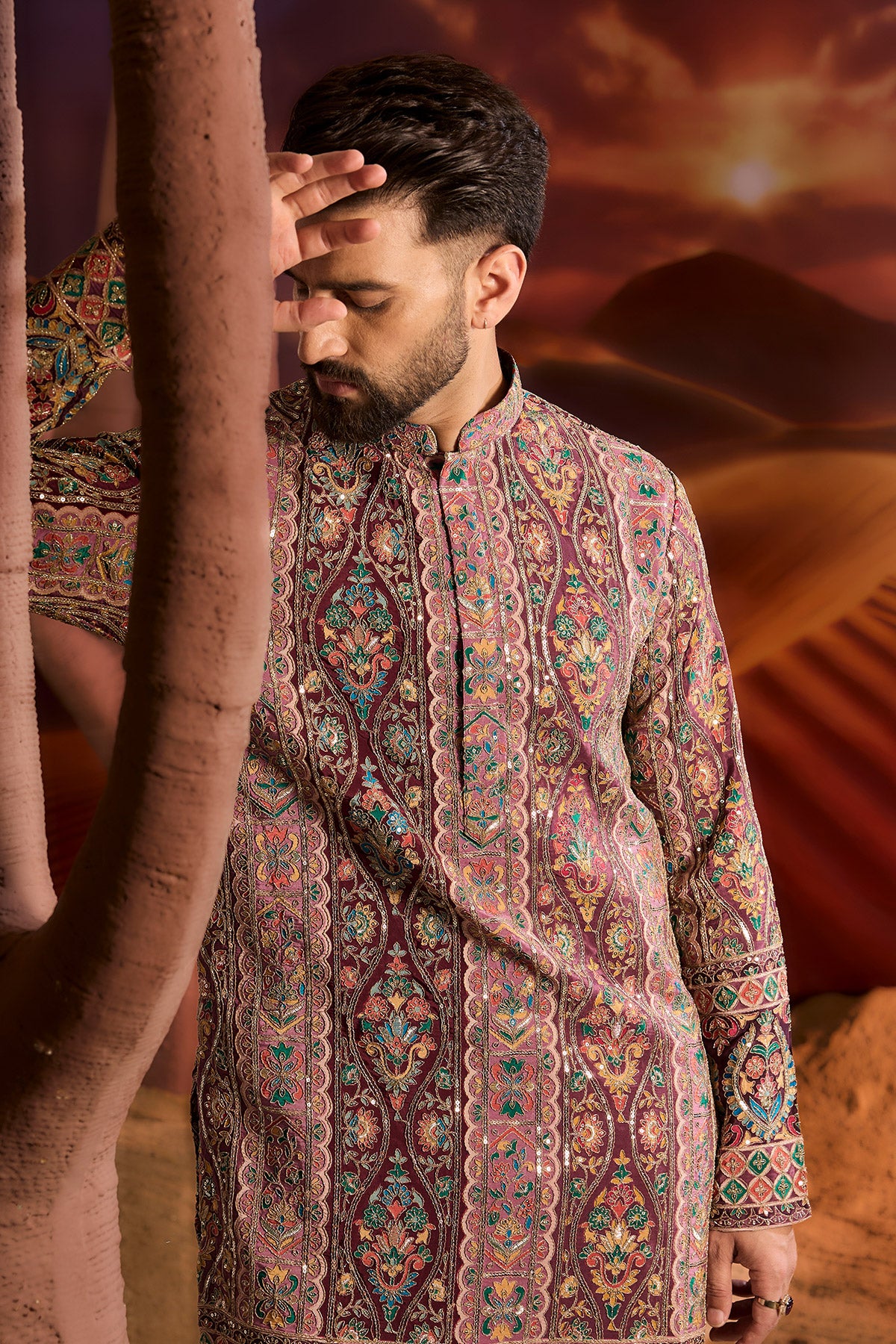 Purple Floral Kurta With Intricate Multi Thread And Zari Work