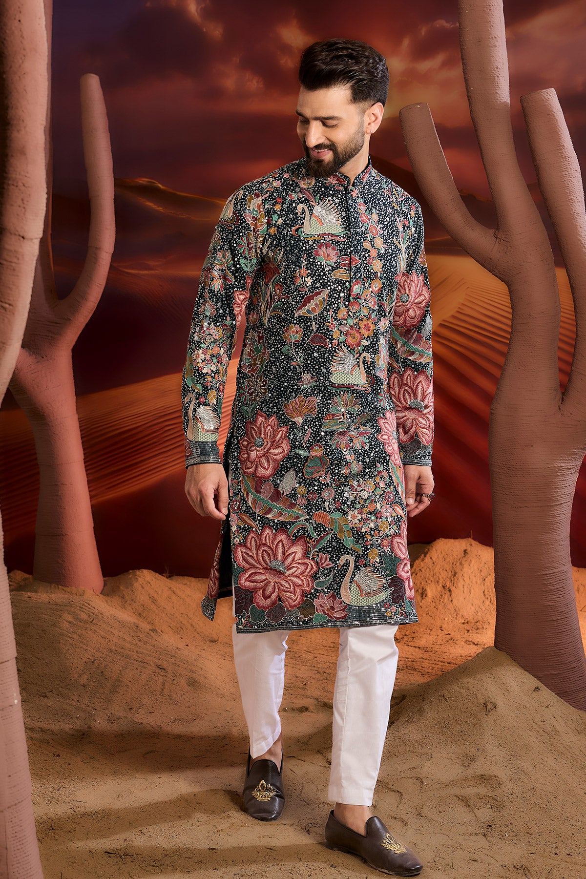 Teal Sequined Kurta With Intricate Flora And Fauna Embroidery