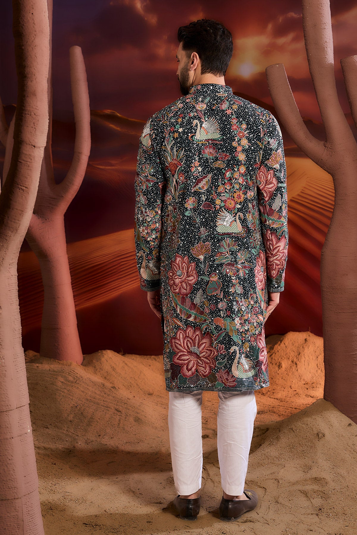 Teal Sequined Kurta With Intricate Flora And Fauna Embroidery