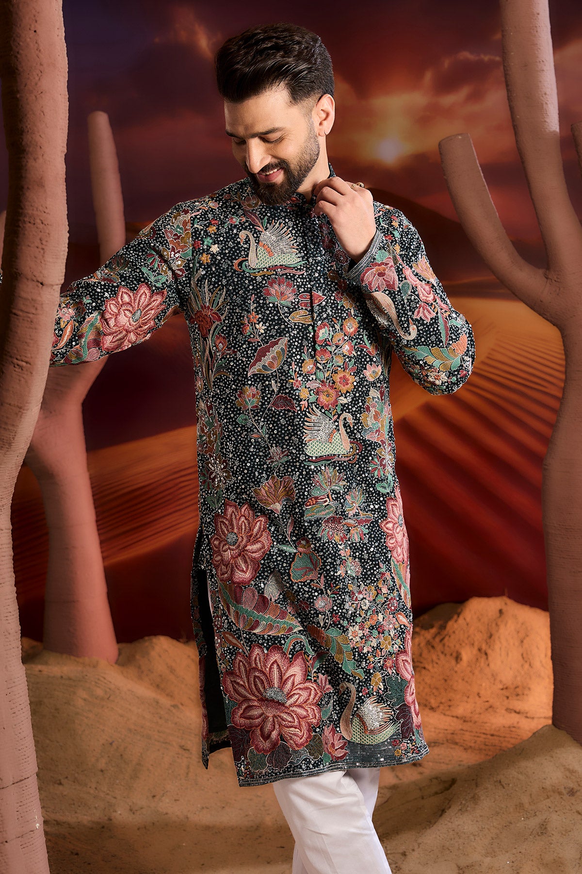 Teal Sequined Kurta With Intricate Flora And Fauna Embroidery