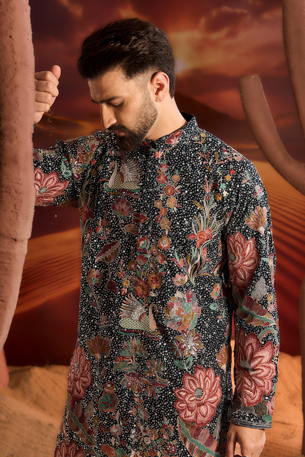 Teal Sequined Kurta With Intricate Flora And Fauna Embroidery