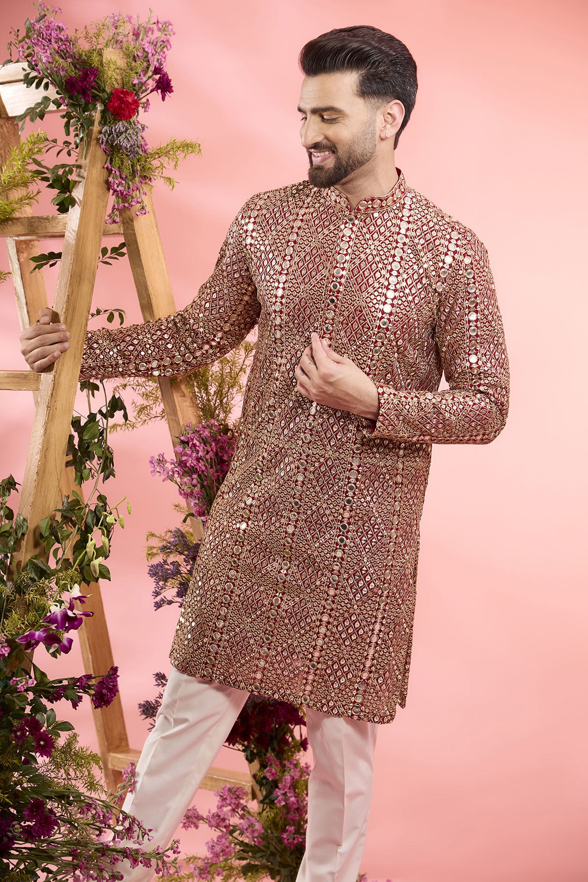 Red Georgette Mirror Work Kurta
