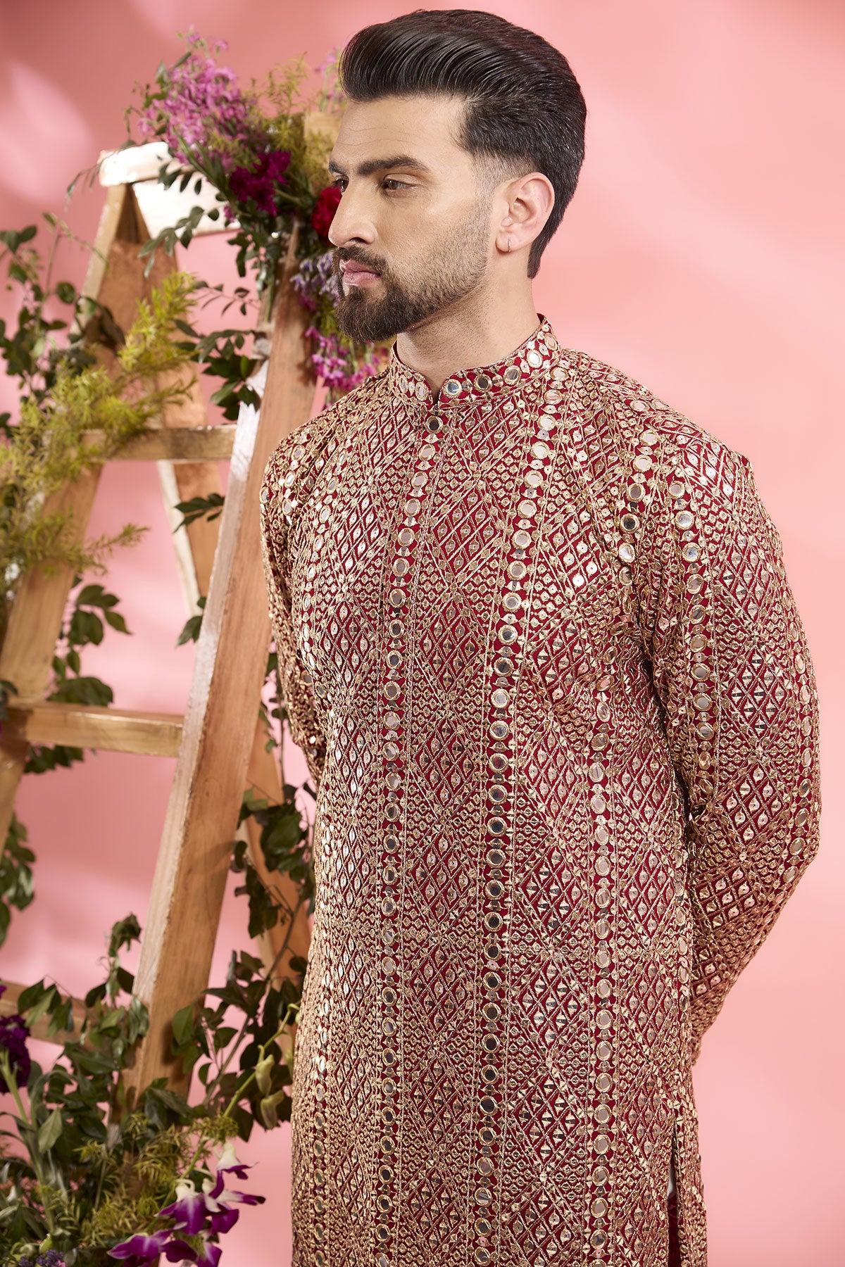 Red Georgette Mirror Work Kurta