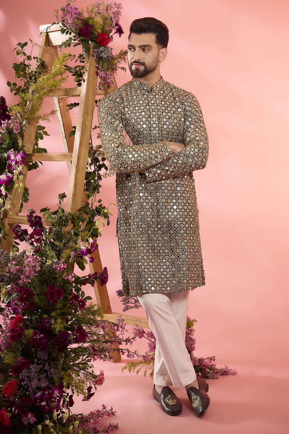 Bottle Green Georgette Mirror Work Kurta
