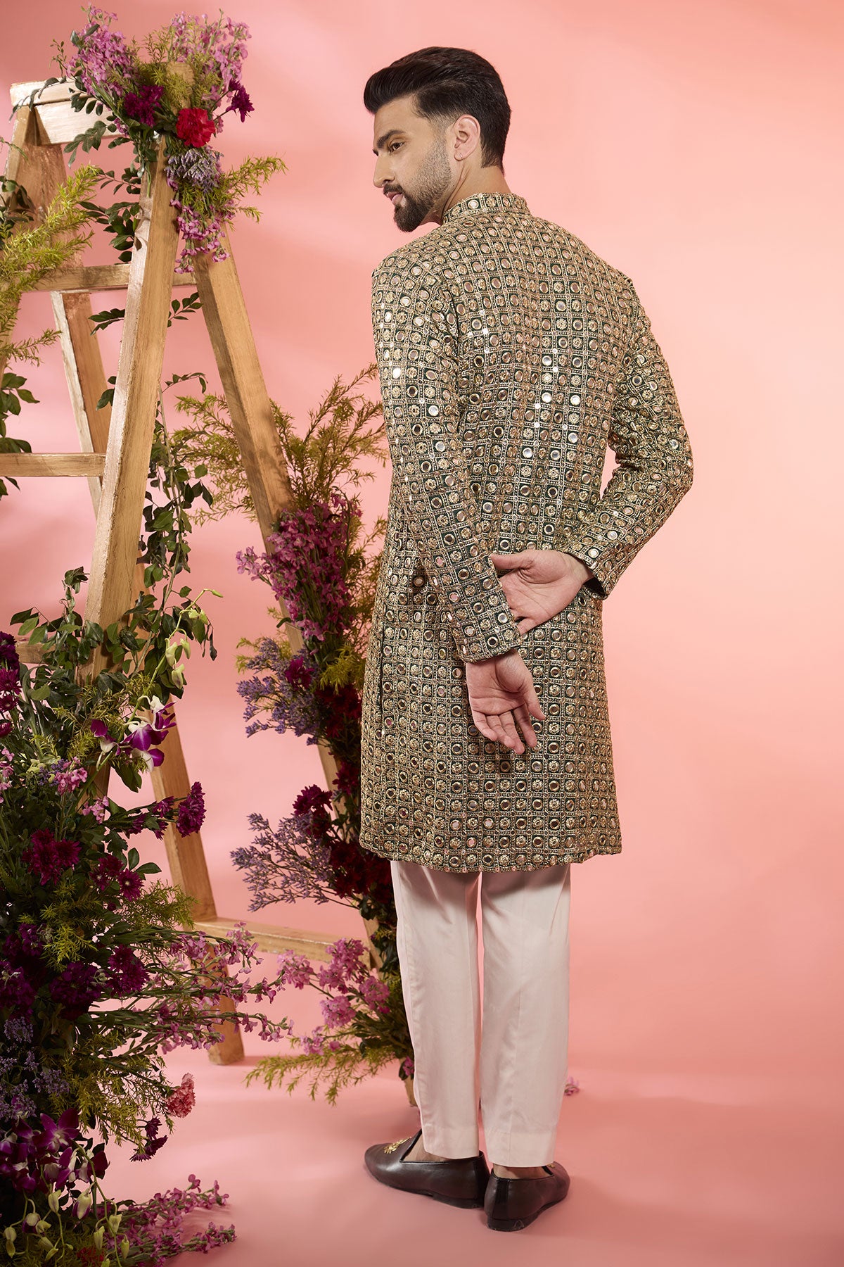 Bottle Green Georgette Mirror Work Kurta