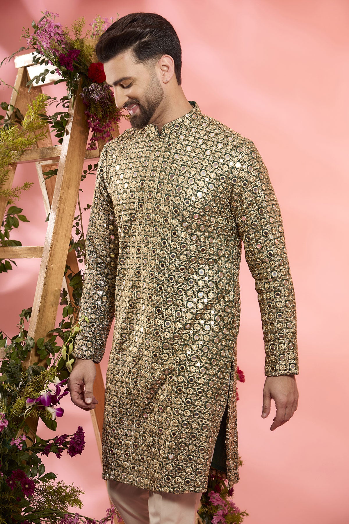 Bottle Green Georgette Mirror Work Kurta