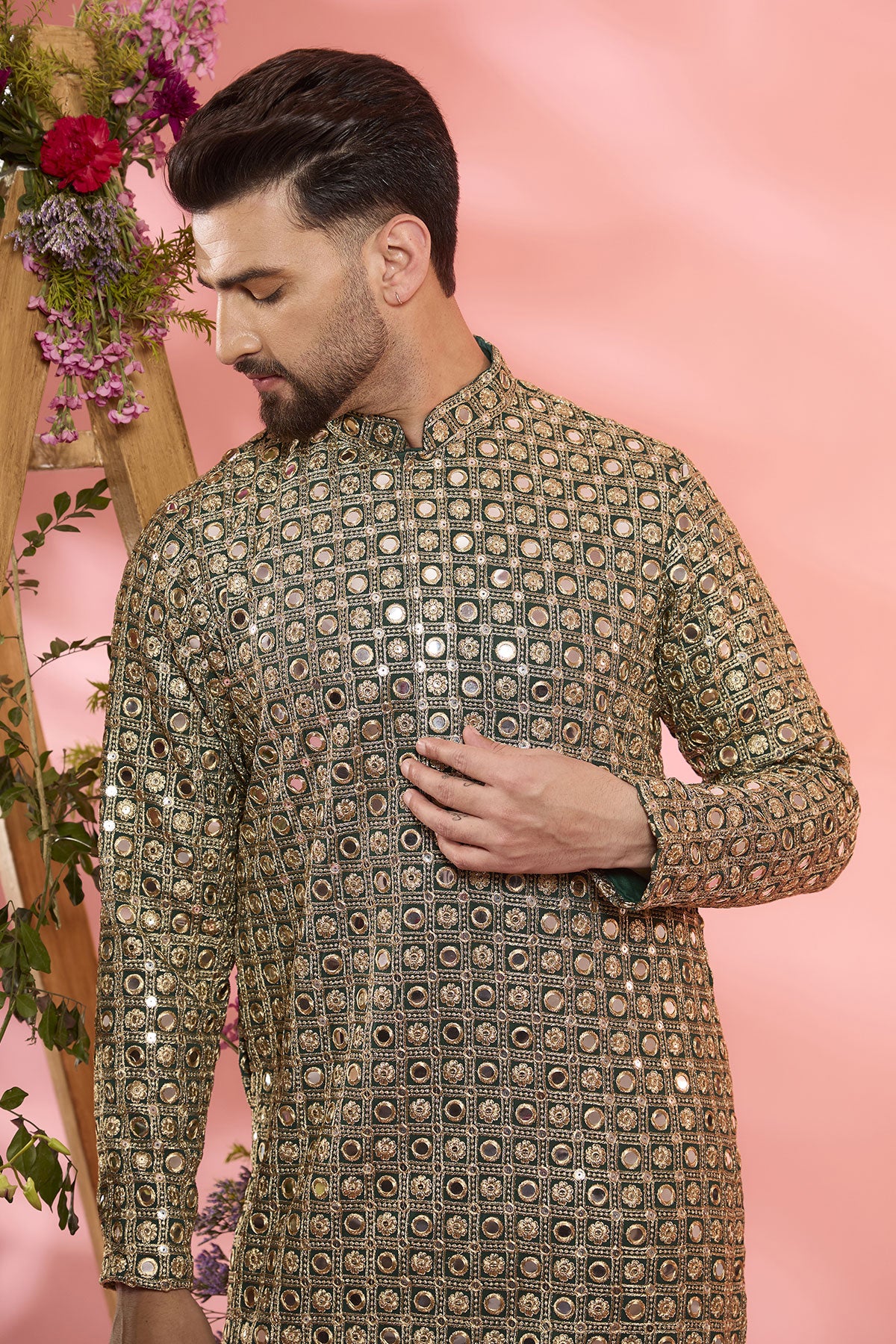 Bottle Green Georgette Mirror Work Kurta