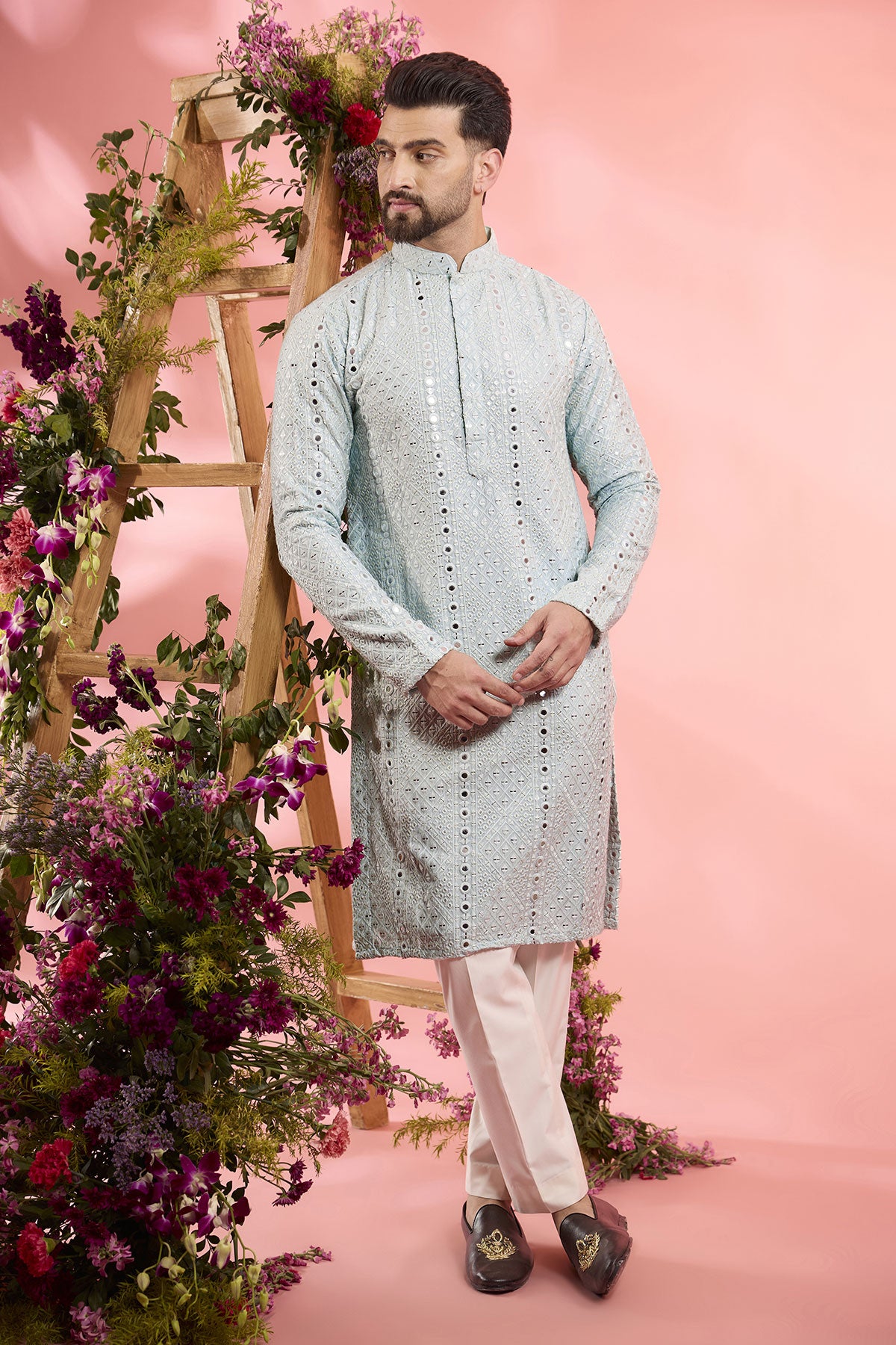 Powder Blue Silk Mirror Work Kurta
