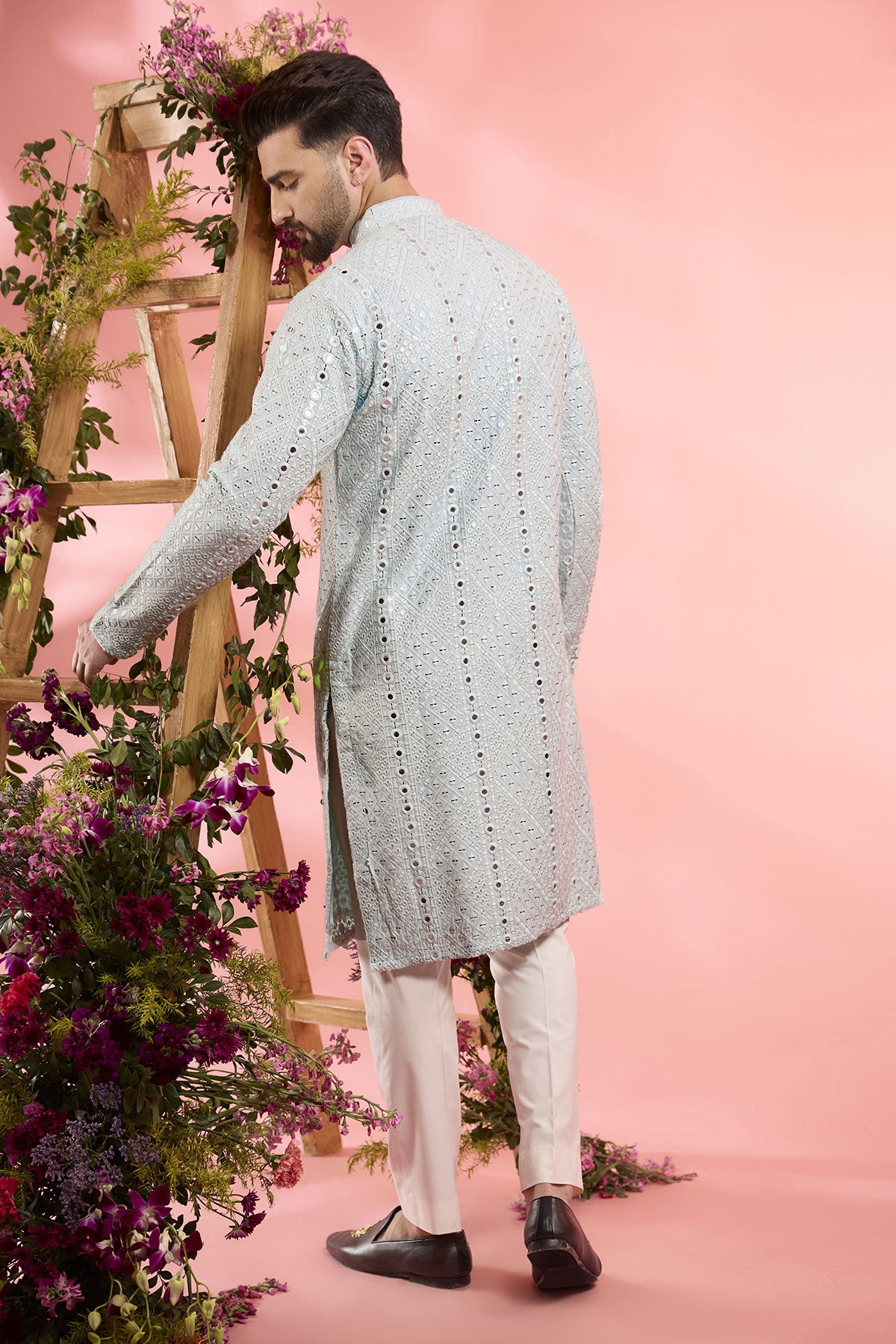 Powder Blue Silk Mirror Work Kurta