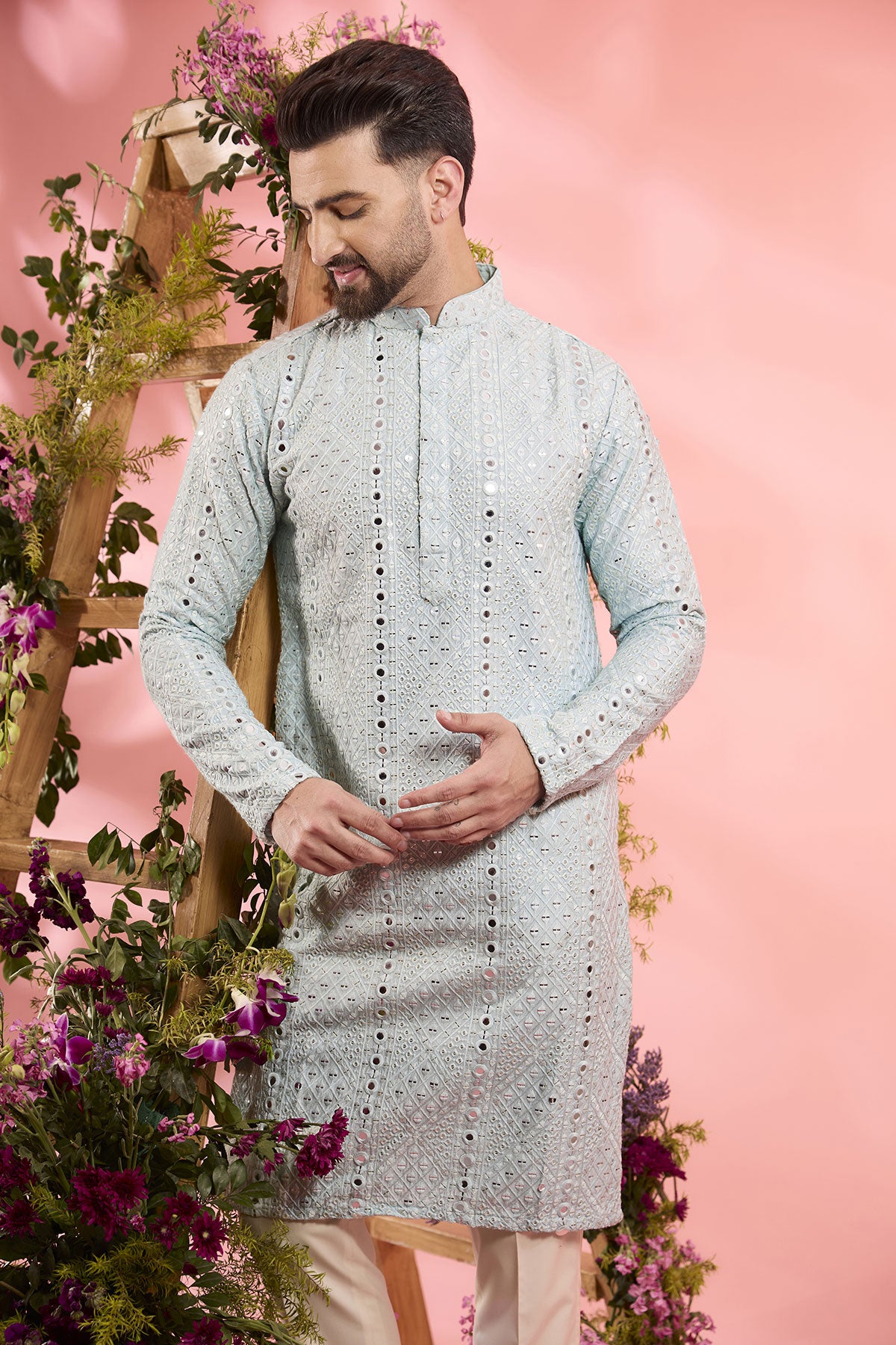 Powder Blue Silk Mirror Work Kurta