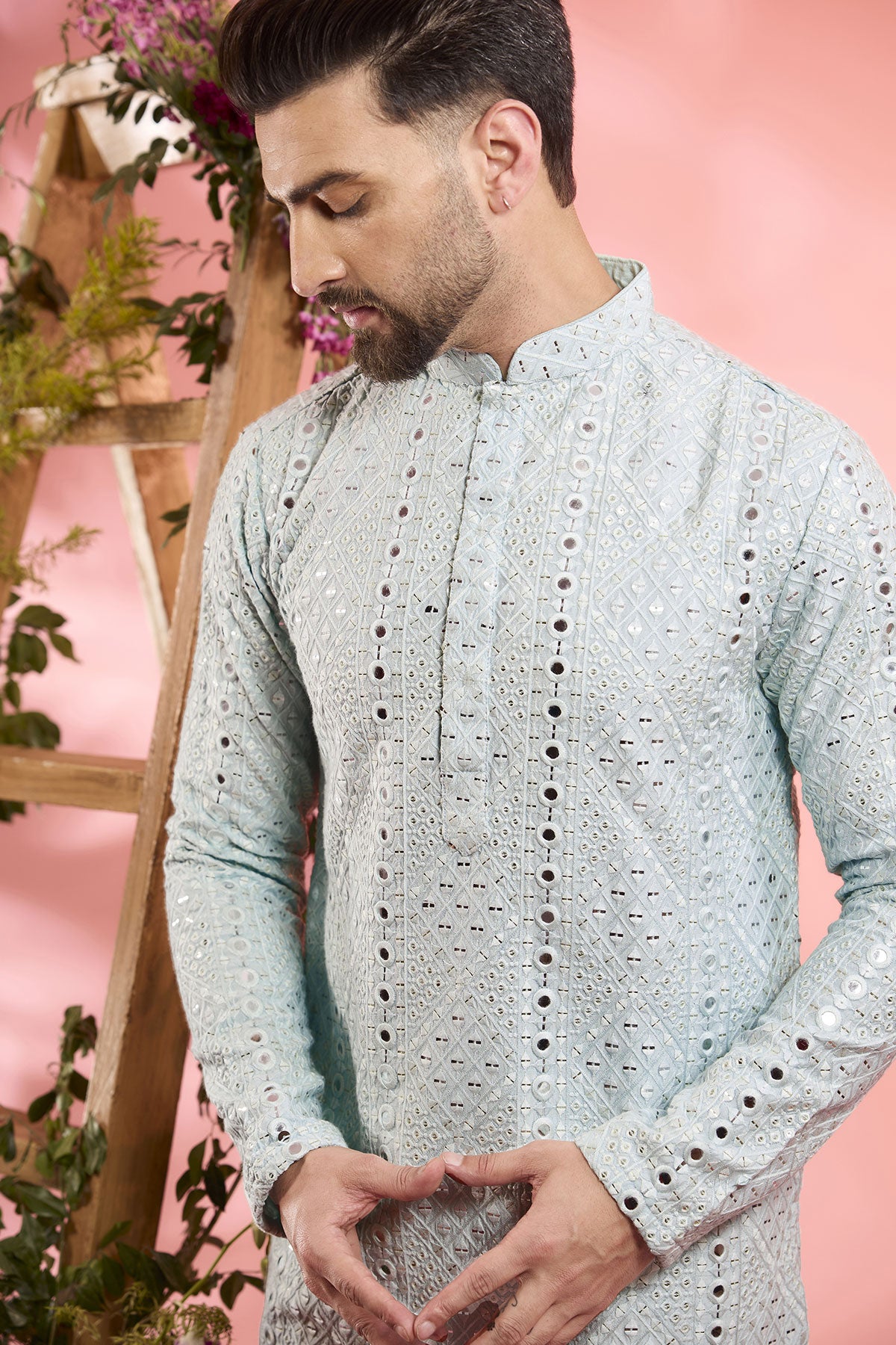 Powder Blue Silk Mirror Work Kurta