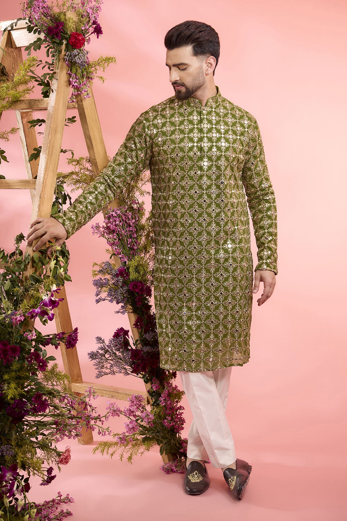 Lime Mehendi Green Georgette Mirror Work Kurta