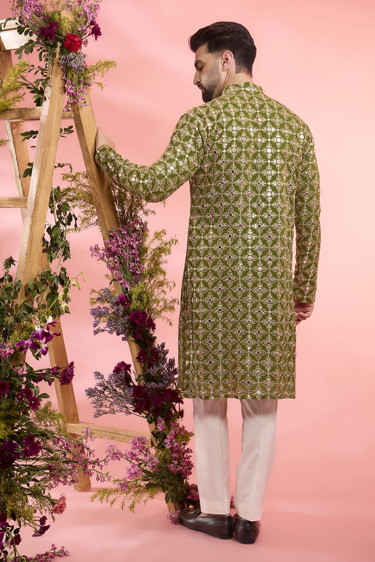 Lime Mehendi Green Georgette Mirror Work Kurta