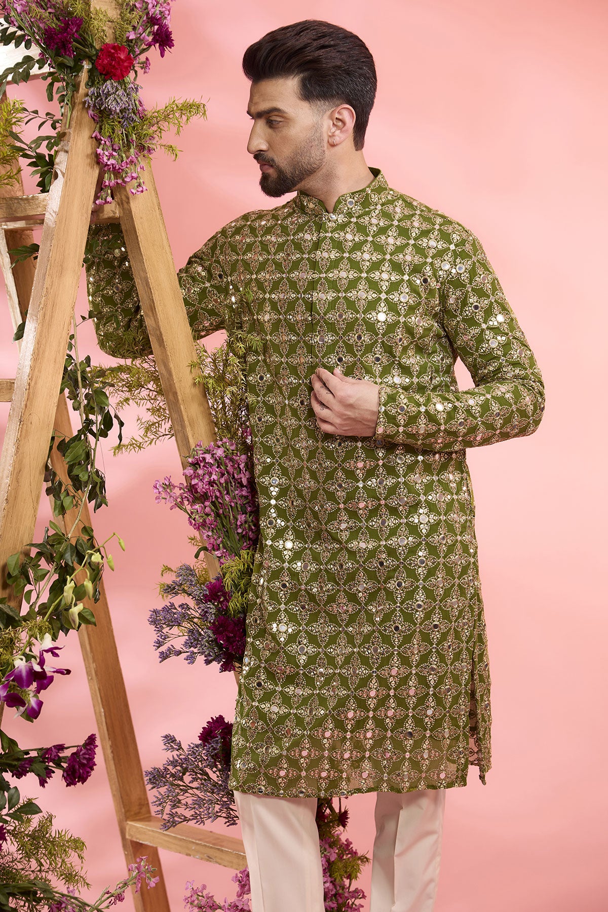 Lime Mehendi Green Georgette Mirror Work Kurta