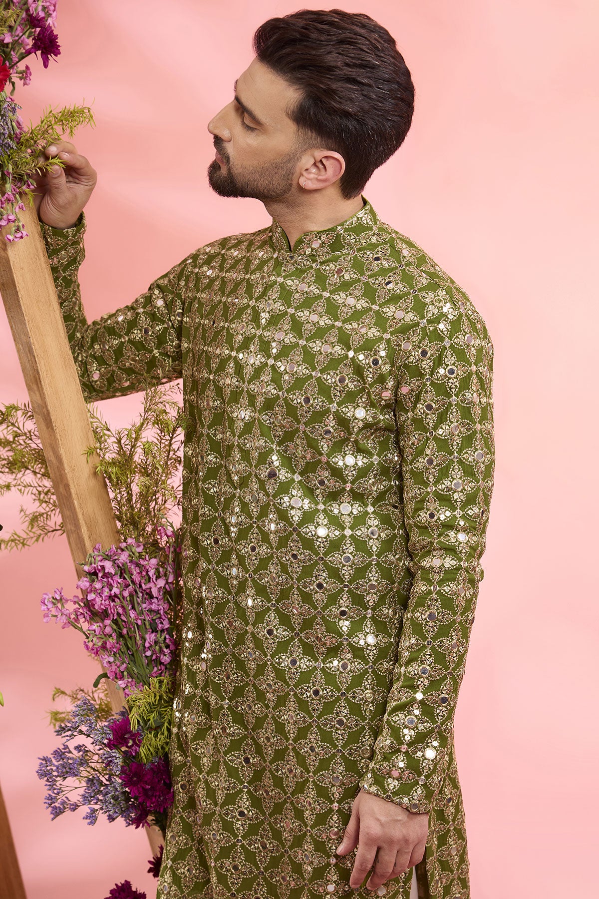 Lime Mehendi Green Georgette Mirror Work Kurta
