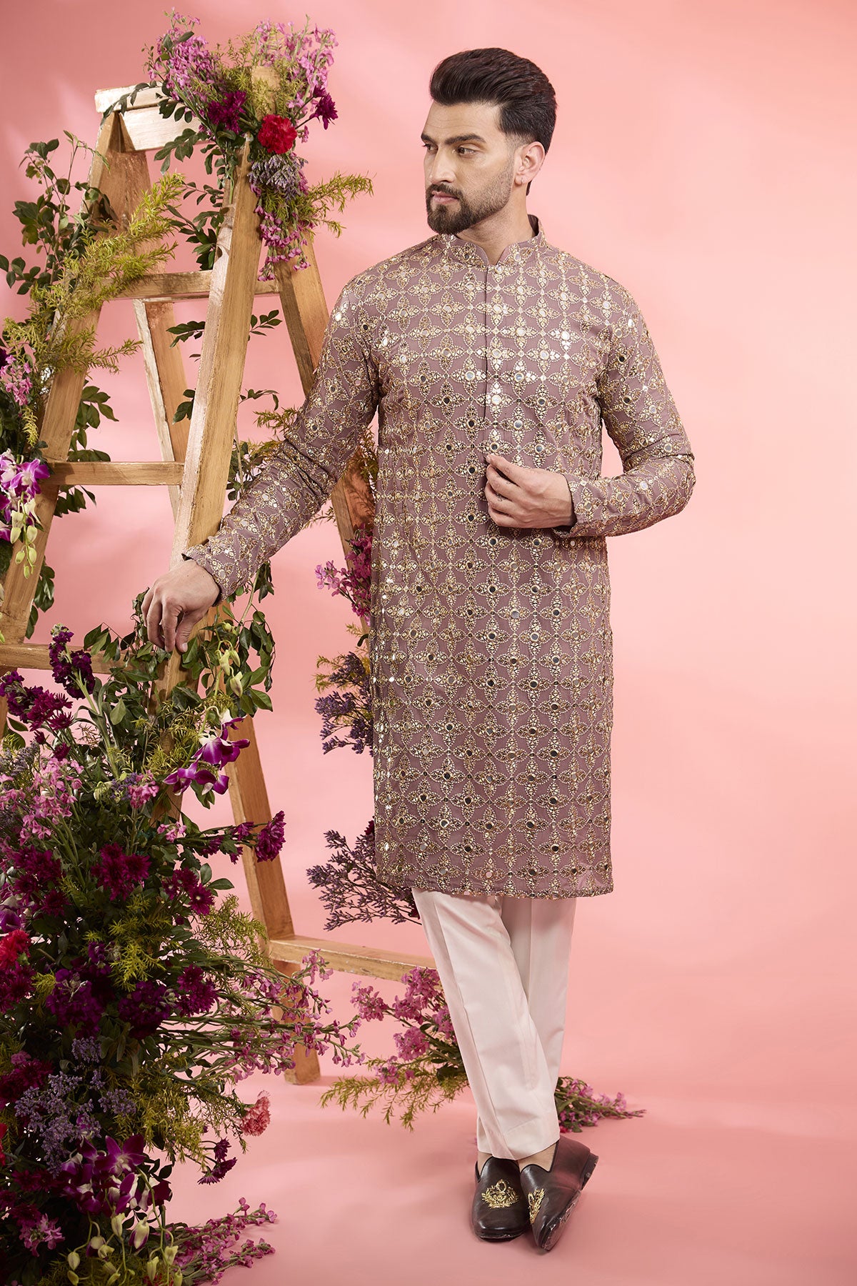 Plum Purple Georgette Mirror Work Kurta