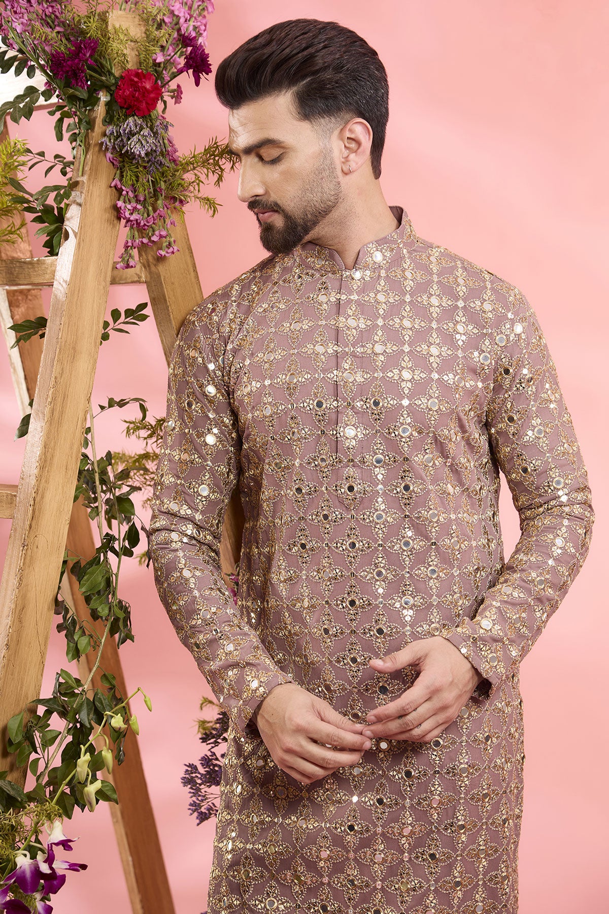 Plum Purple Georgette Mirror Work Kurta