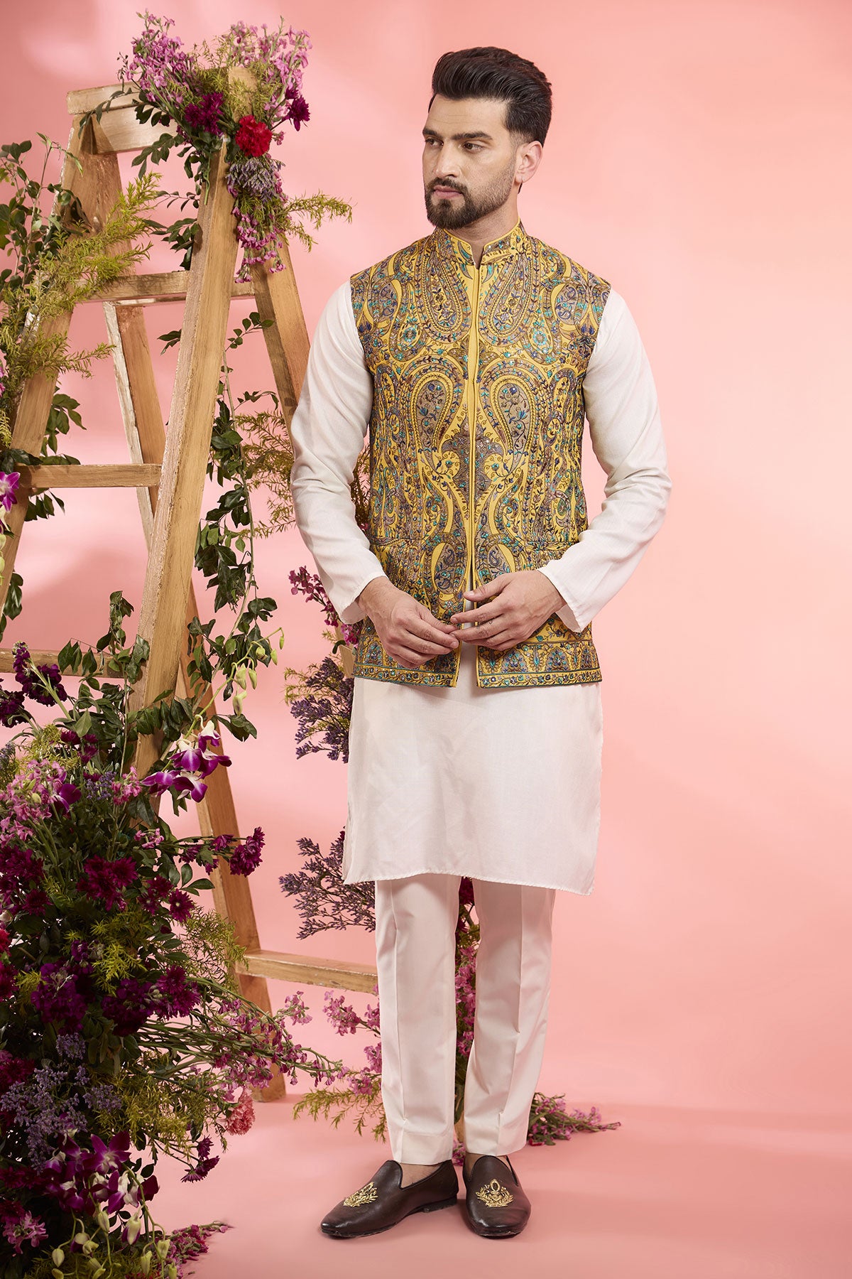 Yellow Georgette Kashmiri Embroidered Nehru Jacket