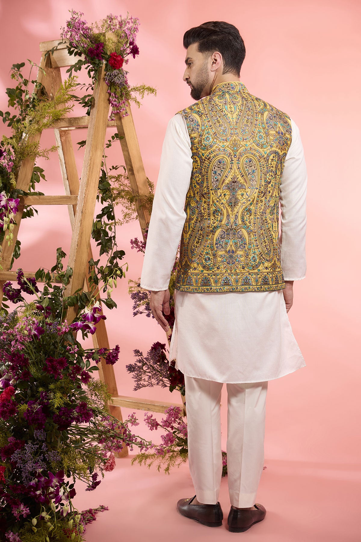 Yellow Georgette Kashmiri Embroidered Nehru Jacket