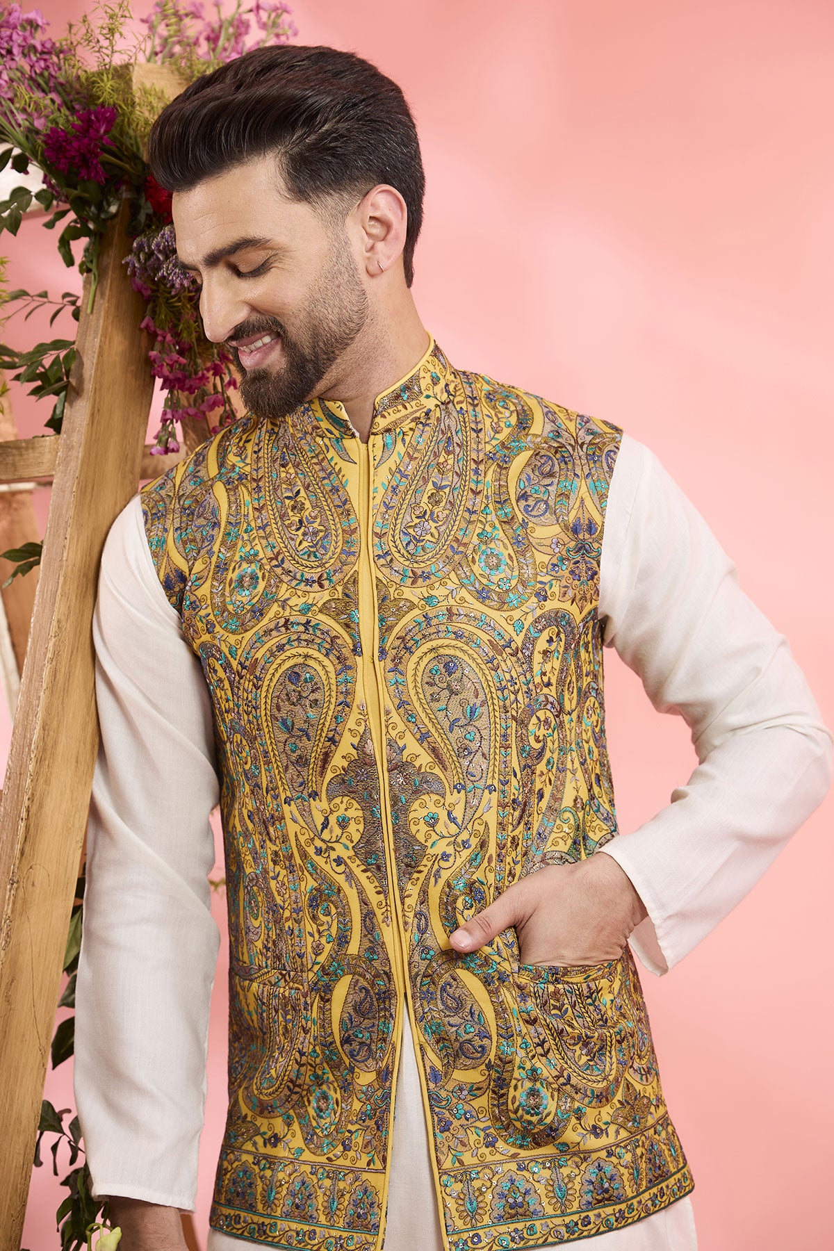 Yellow Georgette Kashmiri Embroidered Nehru Jacket
