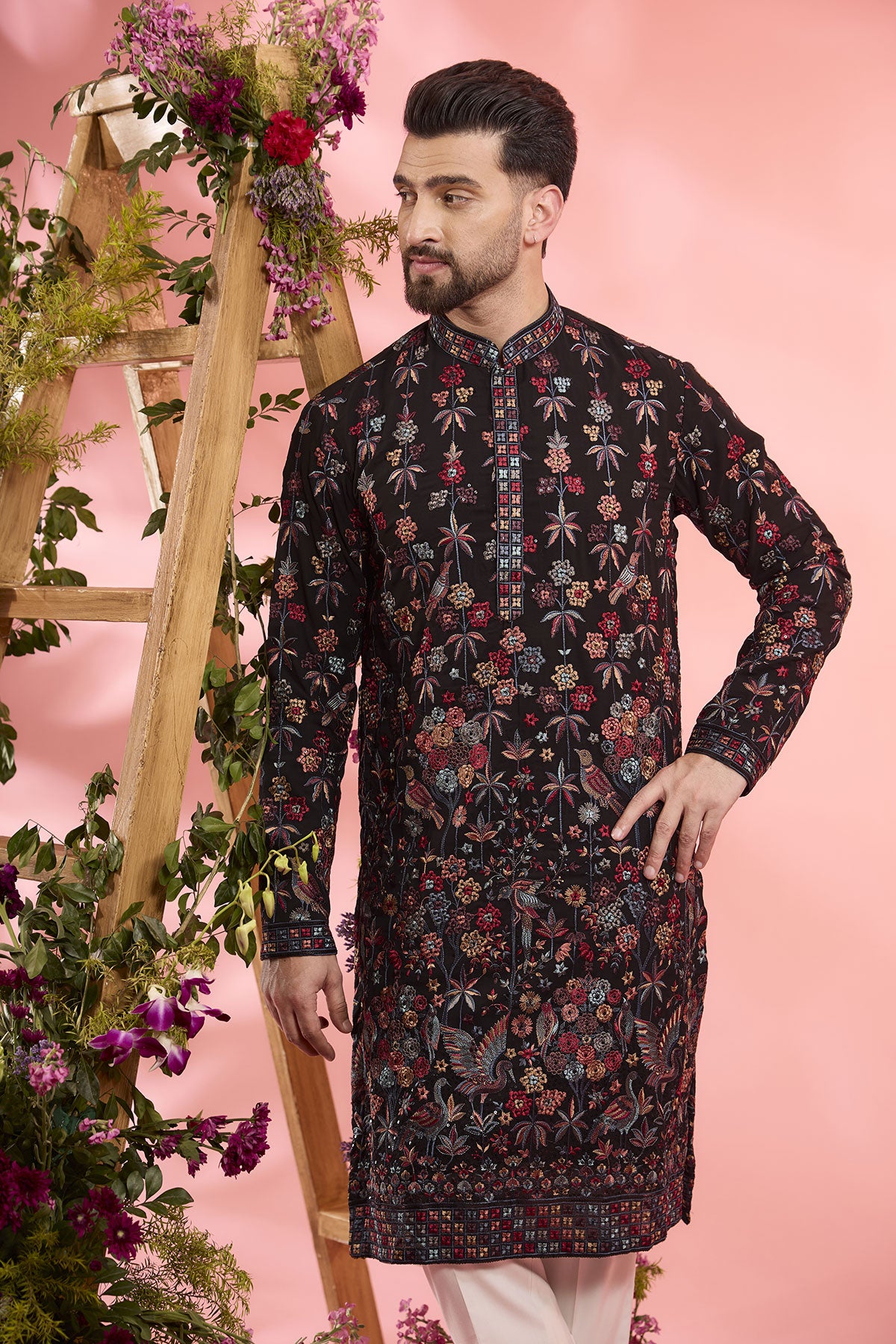 Black Georgette Floral & Fauna Embroidered Chikankari Kurta