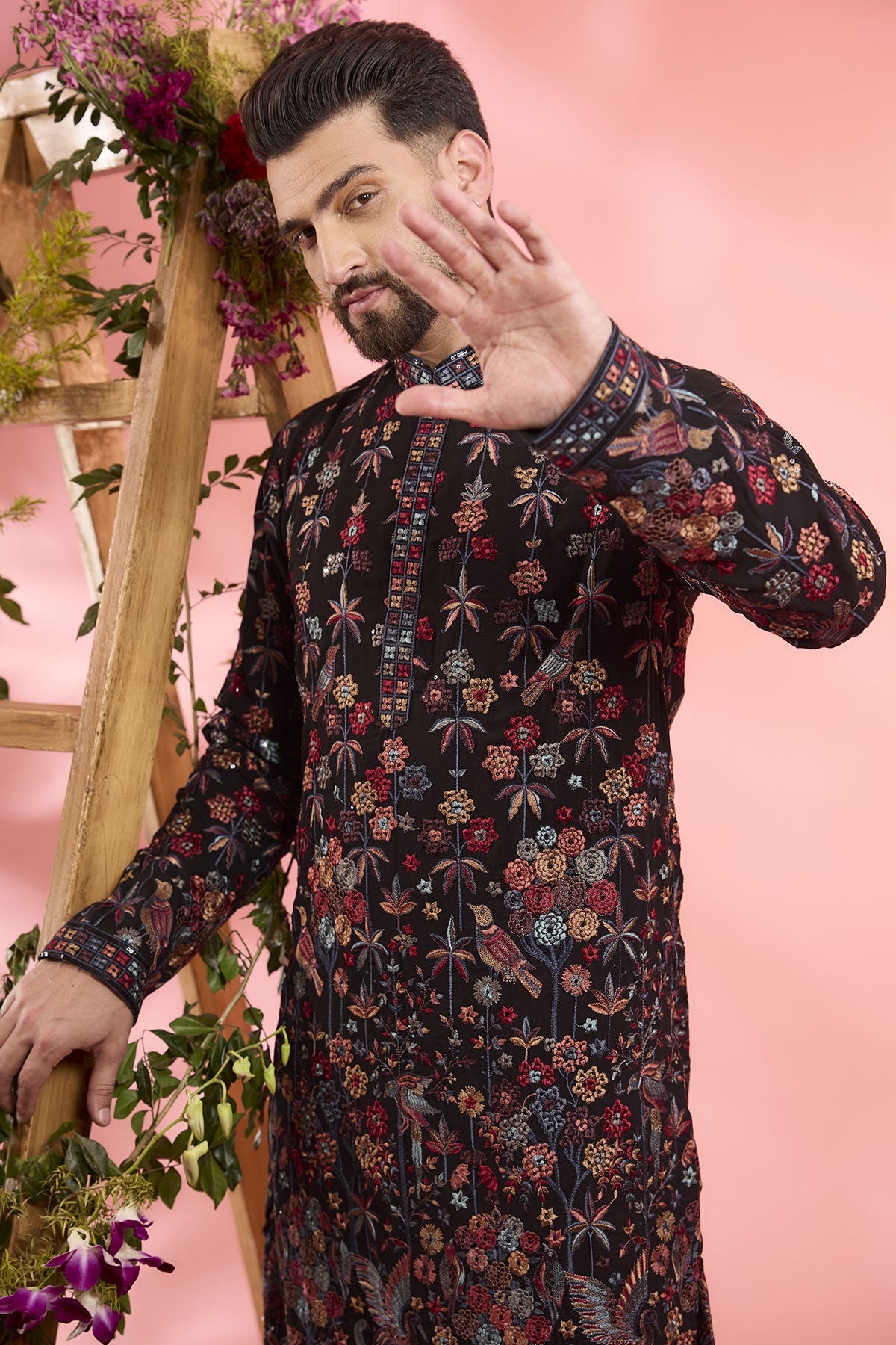 Black Georgette Floral & Fauna Embroidered Chikankari Kurta