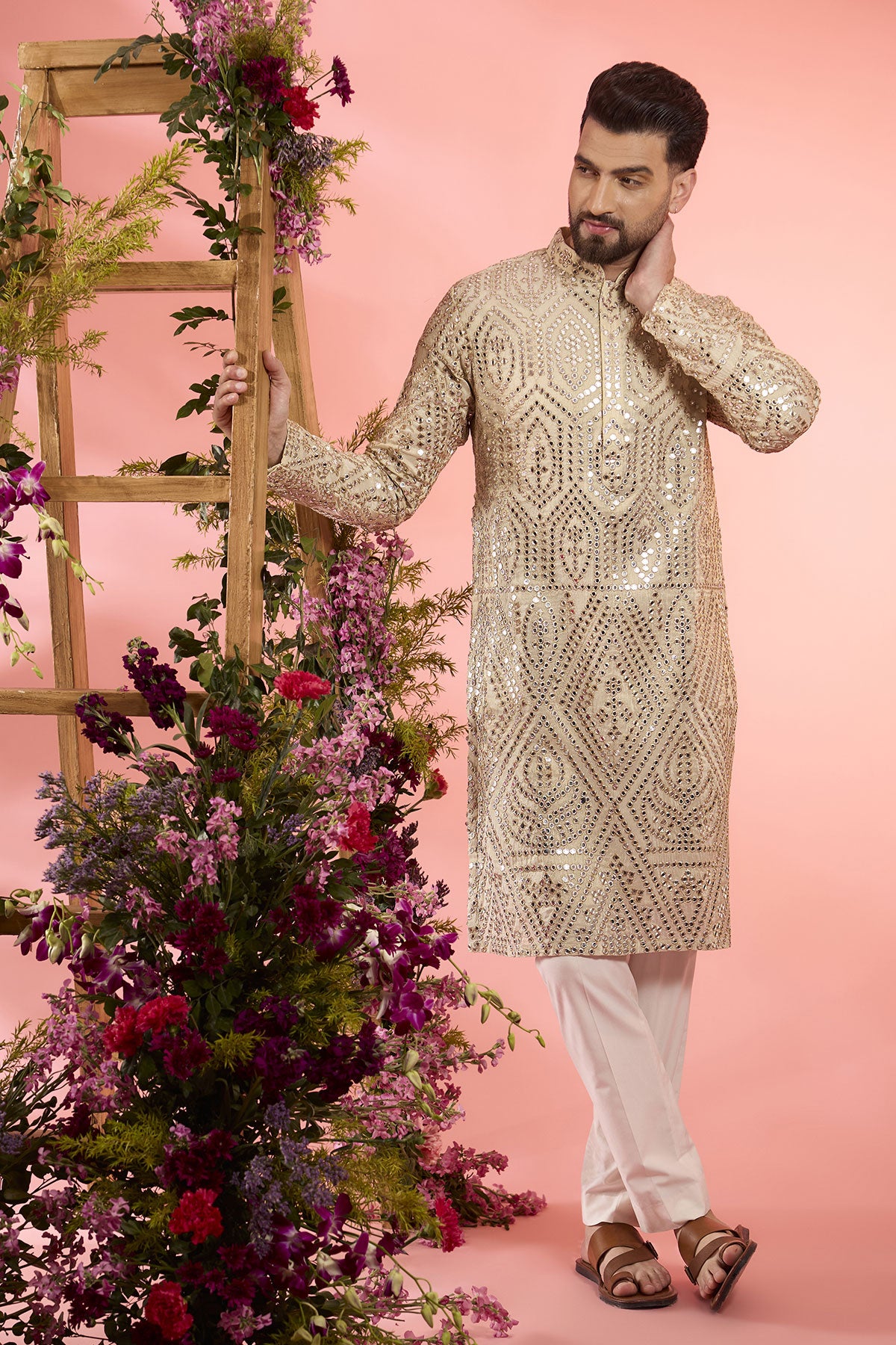 Dust Gold Tissue Mirror Work Kurta