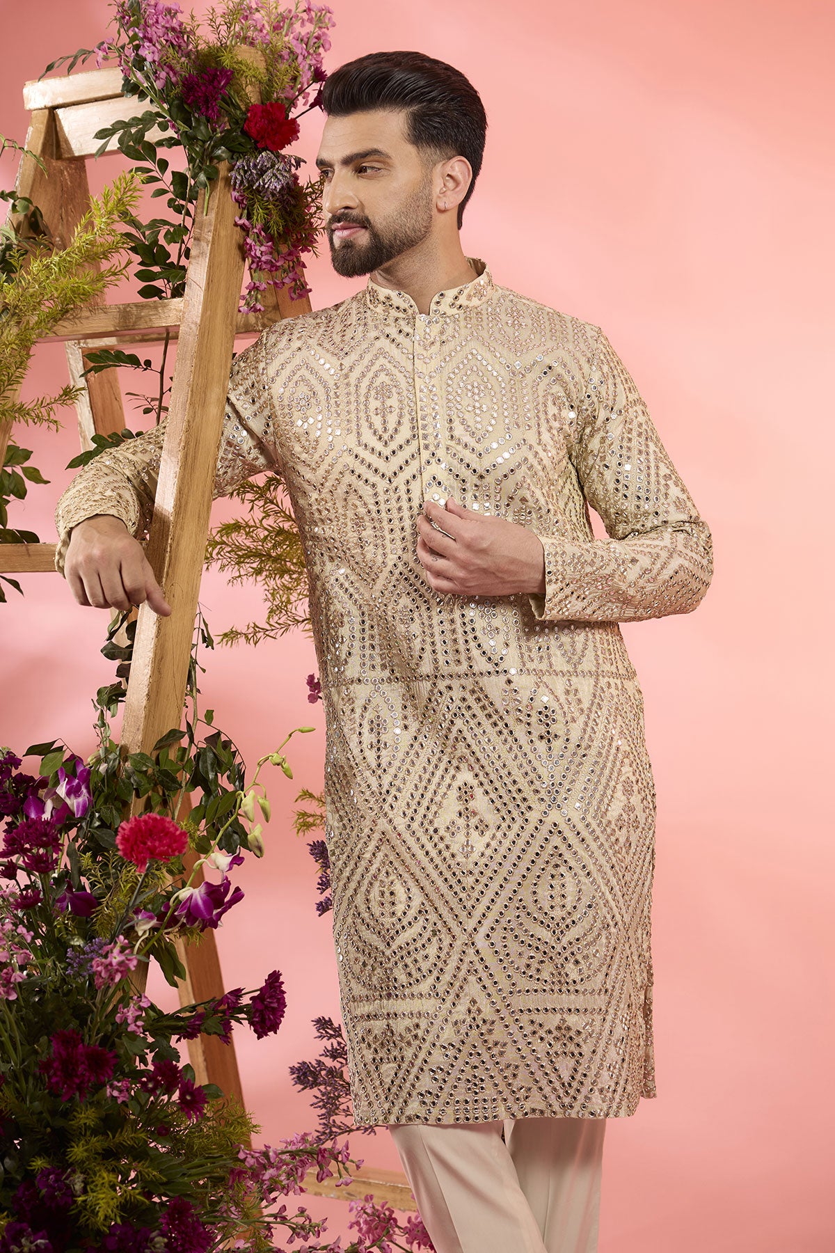 Dust Gold Tissue Mirror Work Kurta