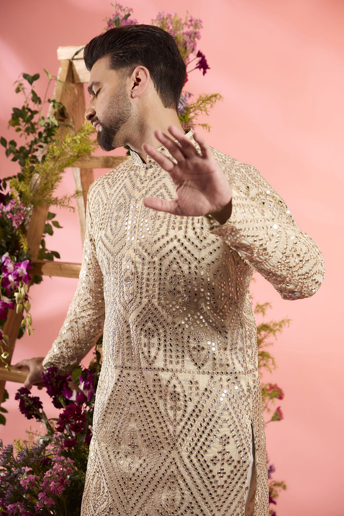 Dust Gold Tissue Mirror Work Kurta